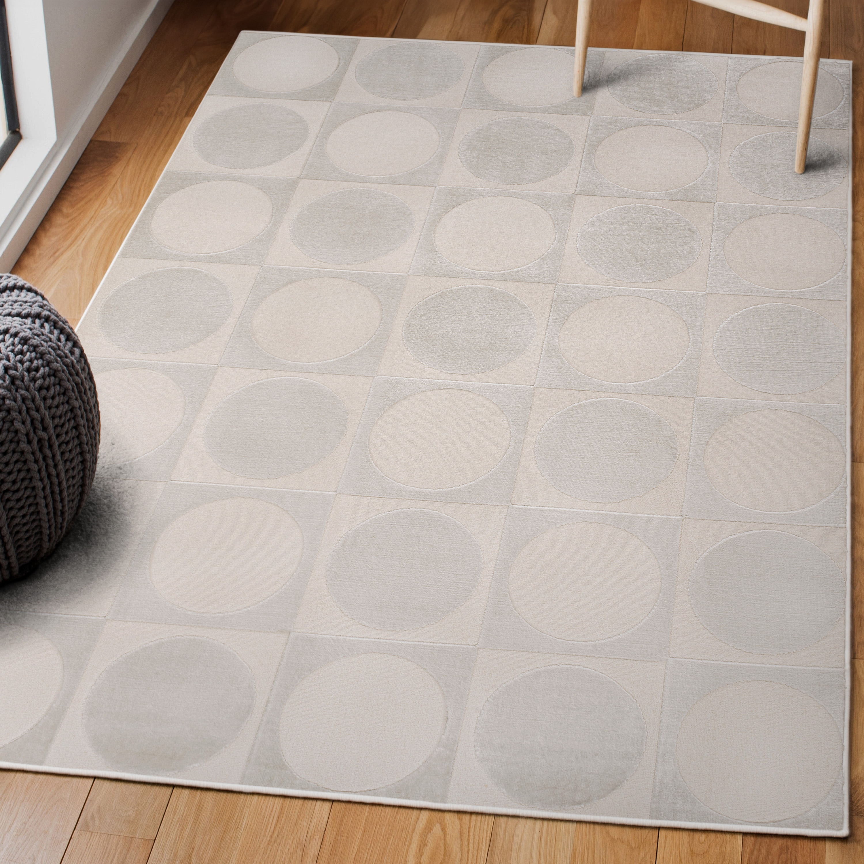 JONATHAN  Y SND104B-8 SANDSTONE Helena Circles in Squares 8 x 10 (ft) Loomed Polyester White/Cream Rectangular Indoor/Outdoor Geometric Bohemian/Eclectic Area rug