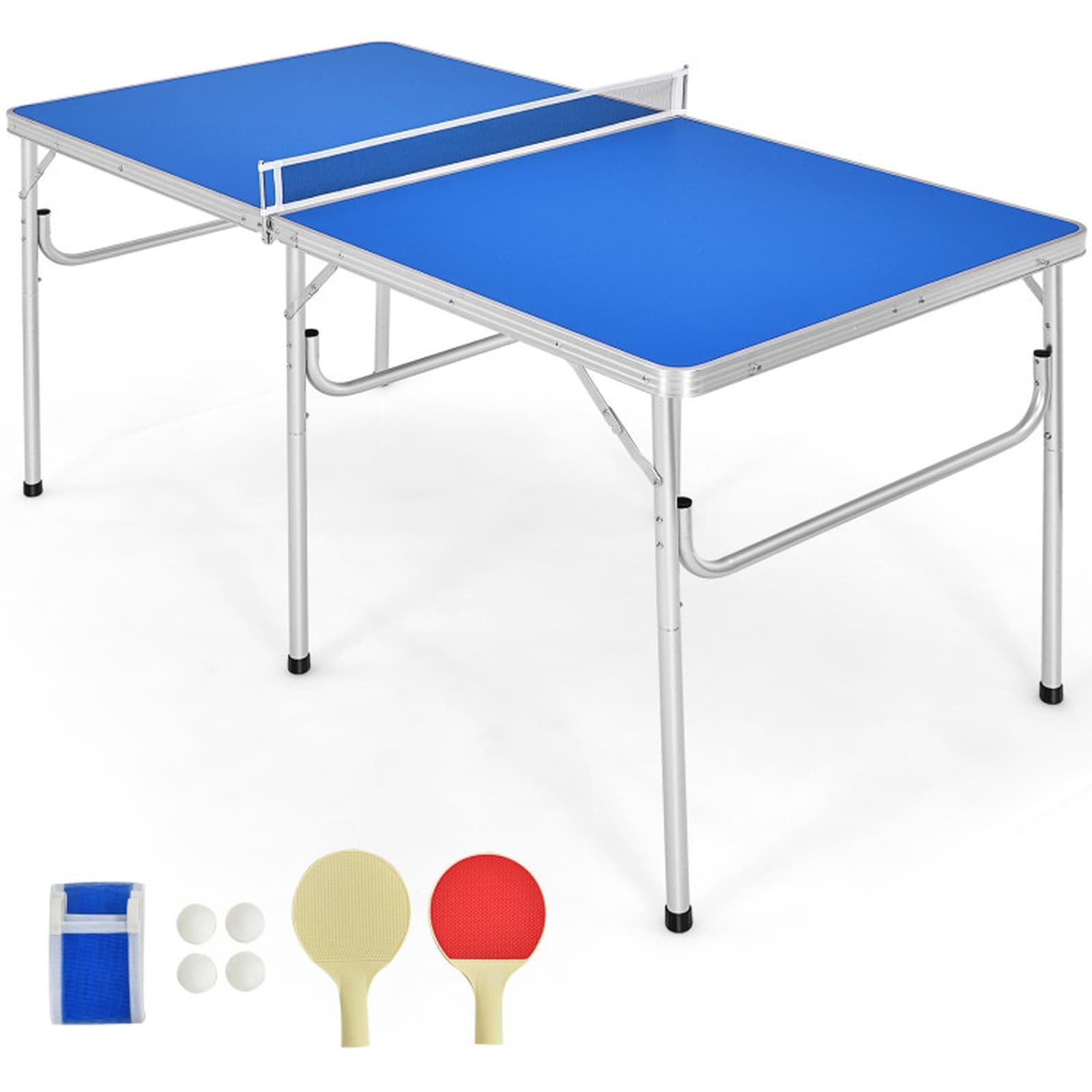 SUGIFT 60-in Portable Ping Pong Folding Table Set 5-ft x 2.5-ft Compact Table Tennis Tabletop with Net 2 Paddles 2 Balls and Carry Handle for Apartment Basement Dorm