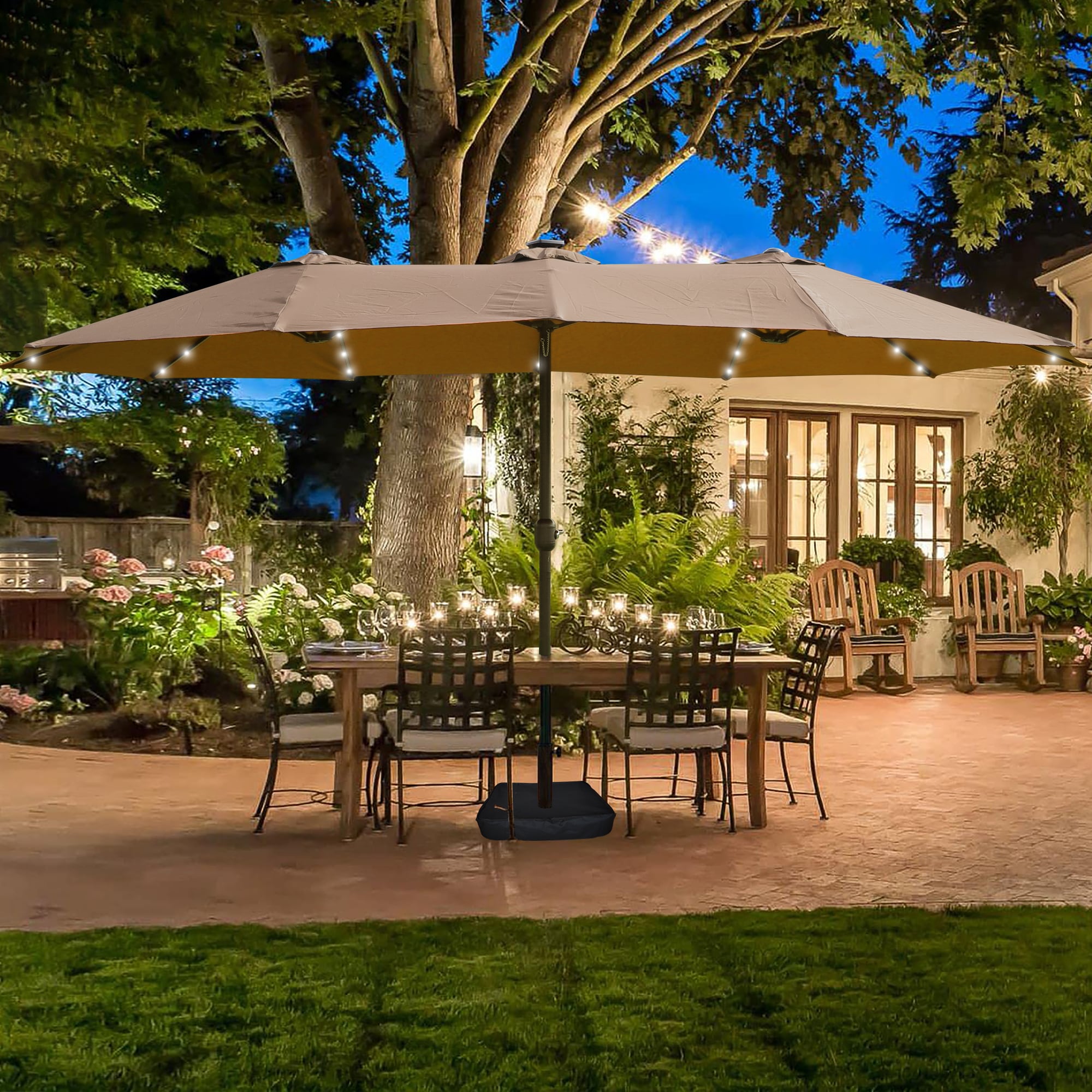 LOVMOR SF-R-W419P145383 15x9ft Large Double-Sided Rectangular Outdoor Twin Patio Market Umbrella with light and base- taupe