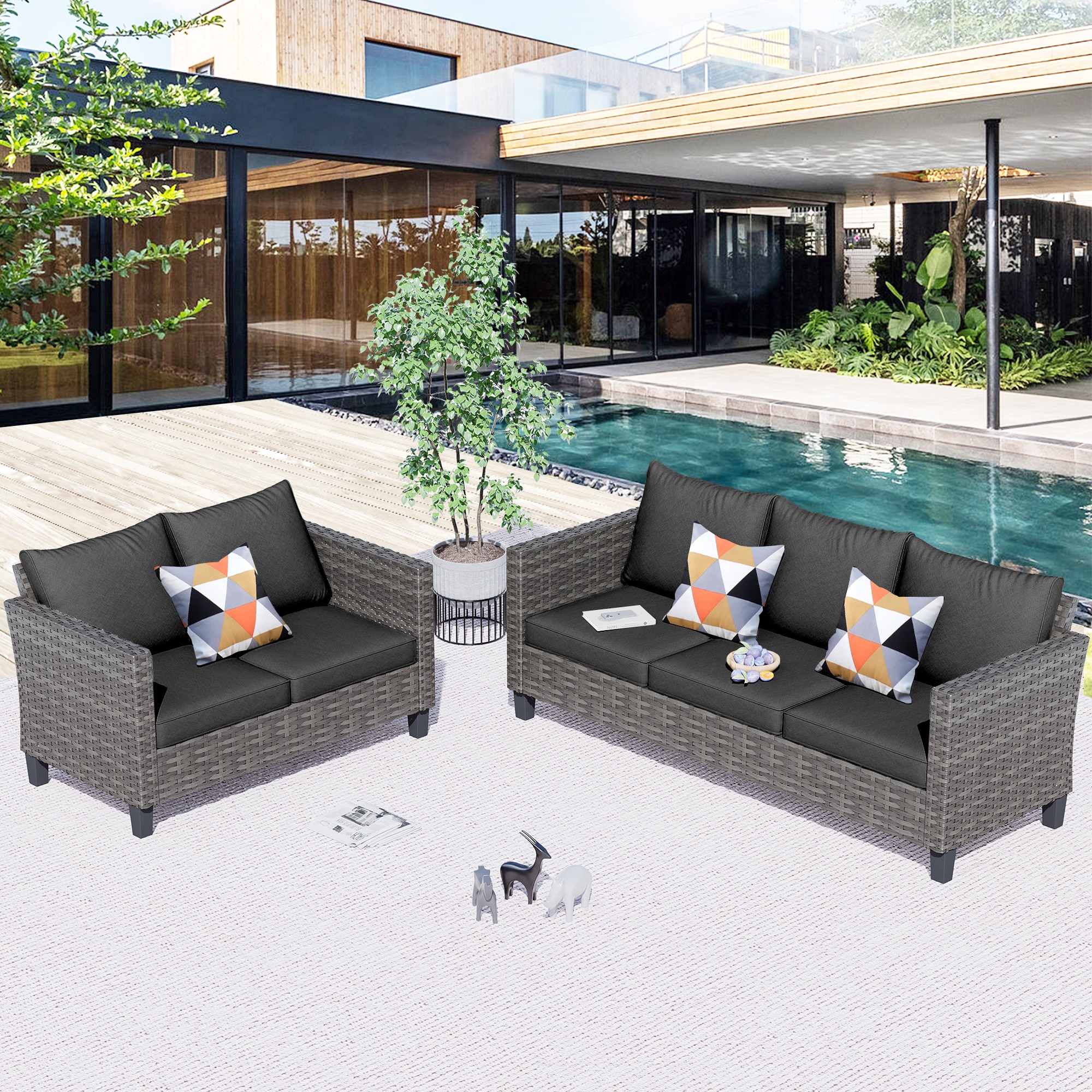 Ovios GRS100-6 2 -Piece Wicker Patio Sofa Conversation Set with Black Cushions