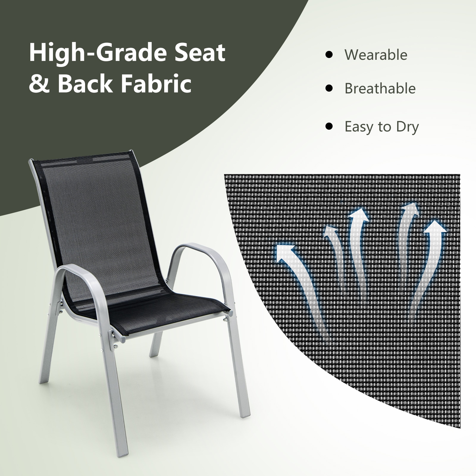 Black Stackable Outdoor Dining Chairs with Armrests, Set of 4