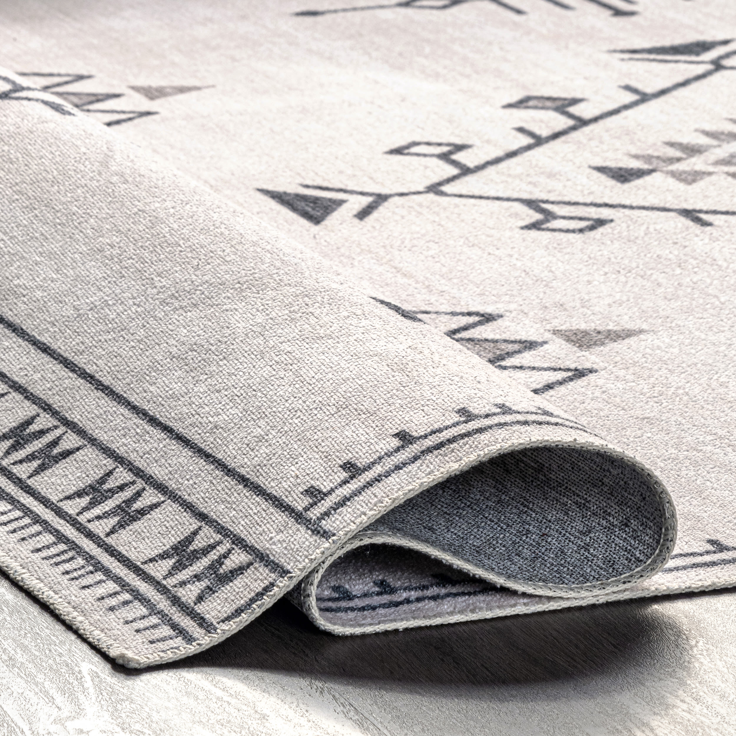 Cream and Gray Synthetic Southwestern Machine Washable Runner Rug