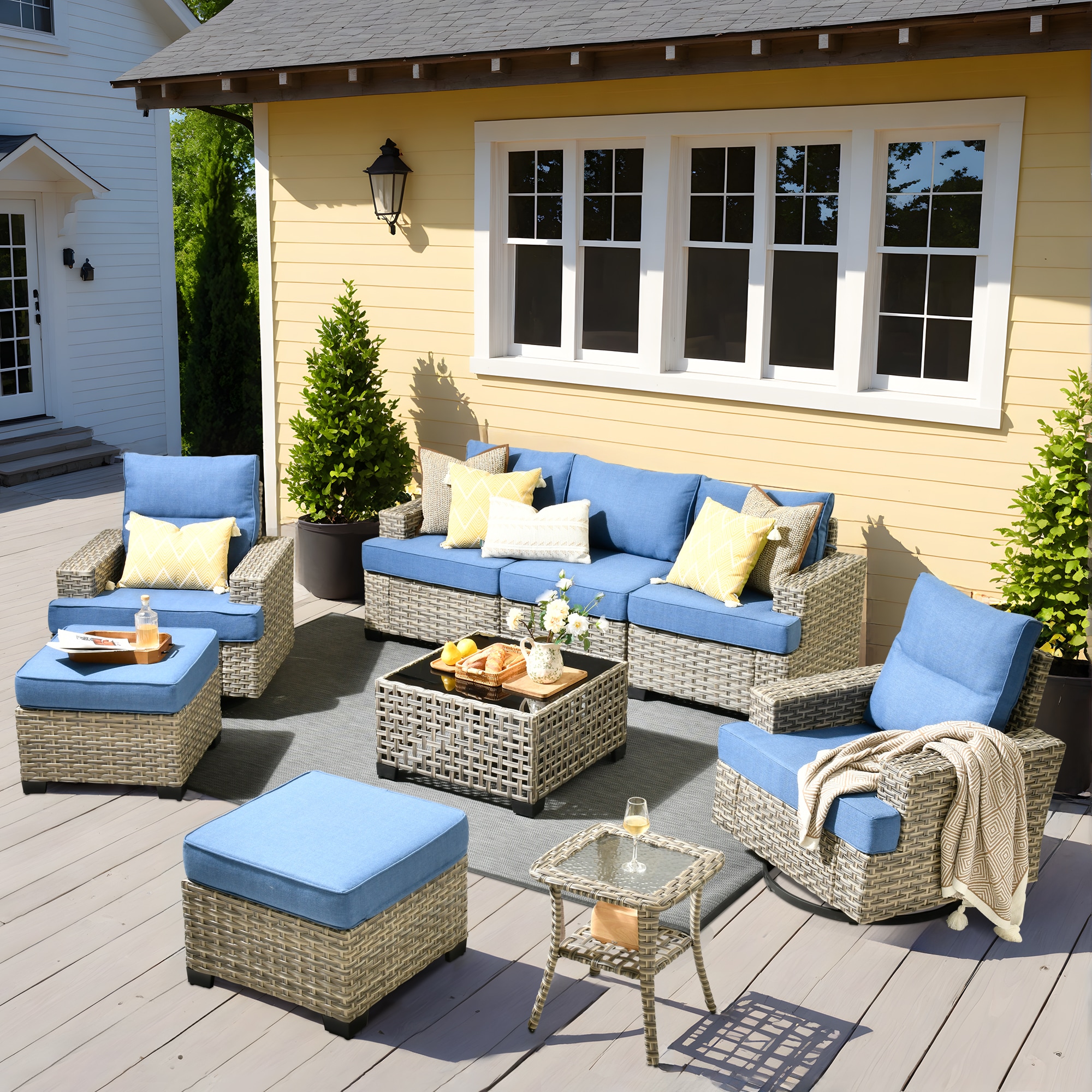 Pouuin STYZBS507 7 -Piece Wicker Patio Sofa Conversation Set with Light Blue Cushions