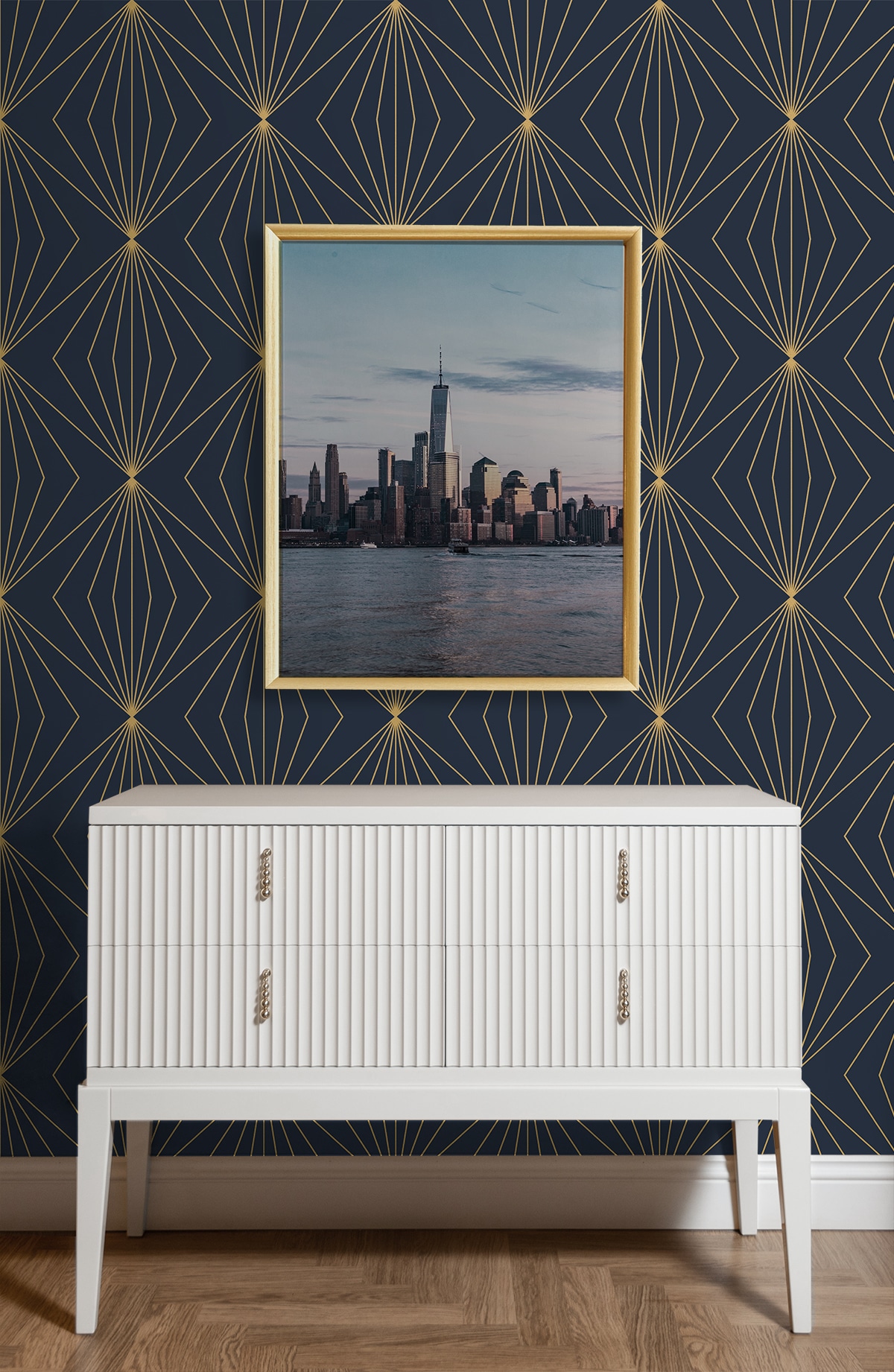 Dark Blue and Metallic Gold Geometric Peel and Stick Wallpaper