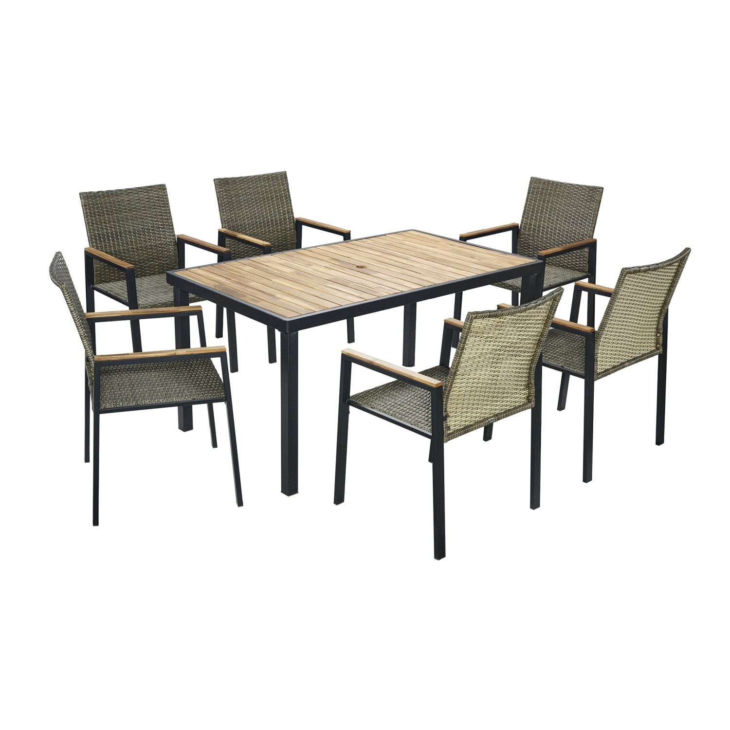 GZMR GM-W4270 All Weather 7-Piece Patio Dining Table Sets 7 -Piece Black+ Gray Wicker Patio Dining Set Wood Rectangle Table with 6 Stackable Stationary Chairs