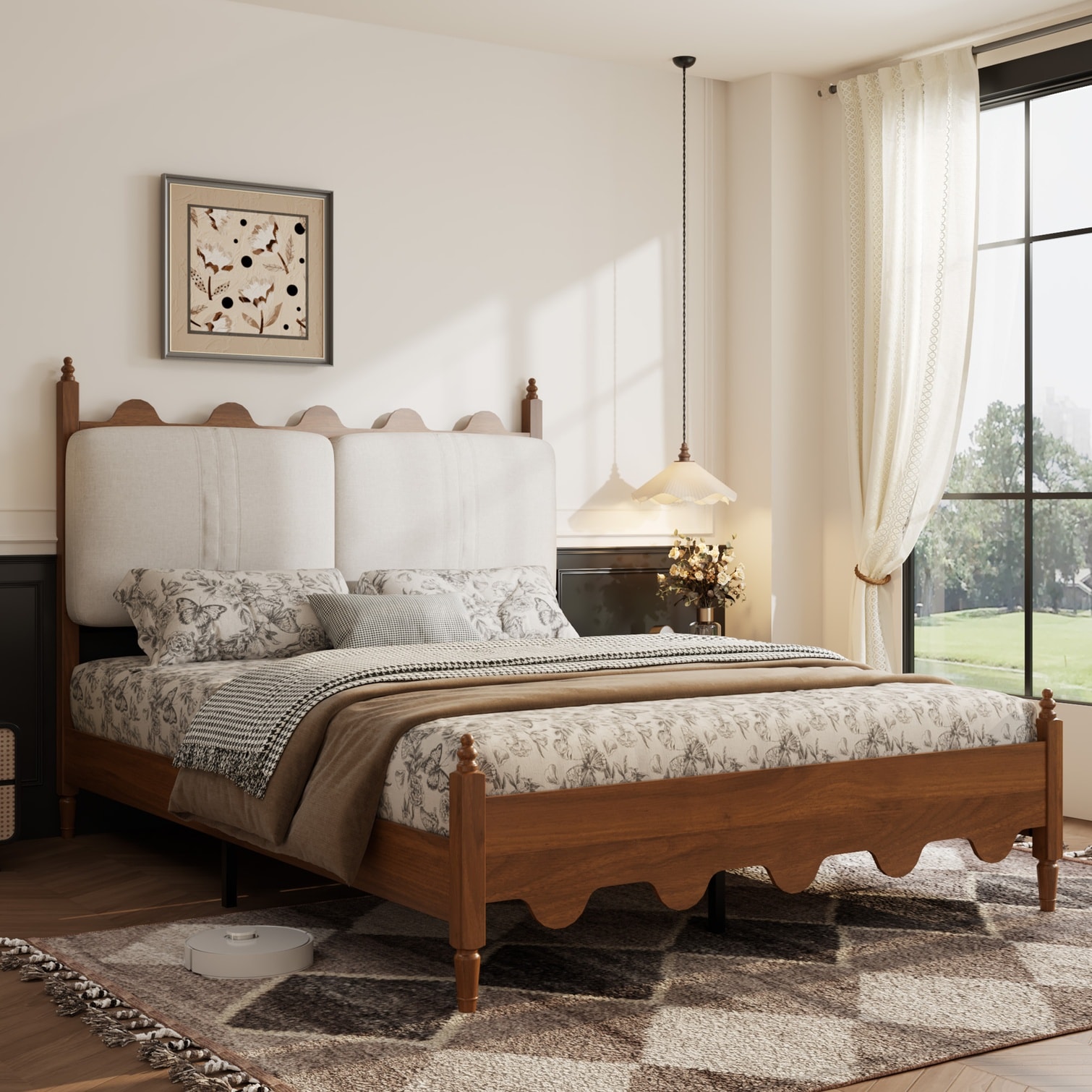 Watnature Upholstered Queen Bed Frame in Cotton Linen with Scalloped ...