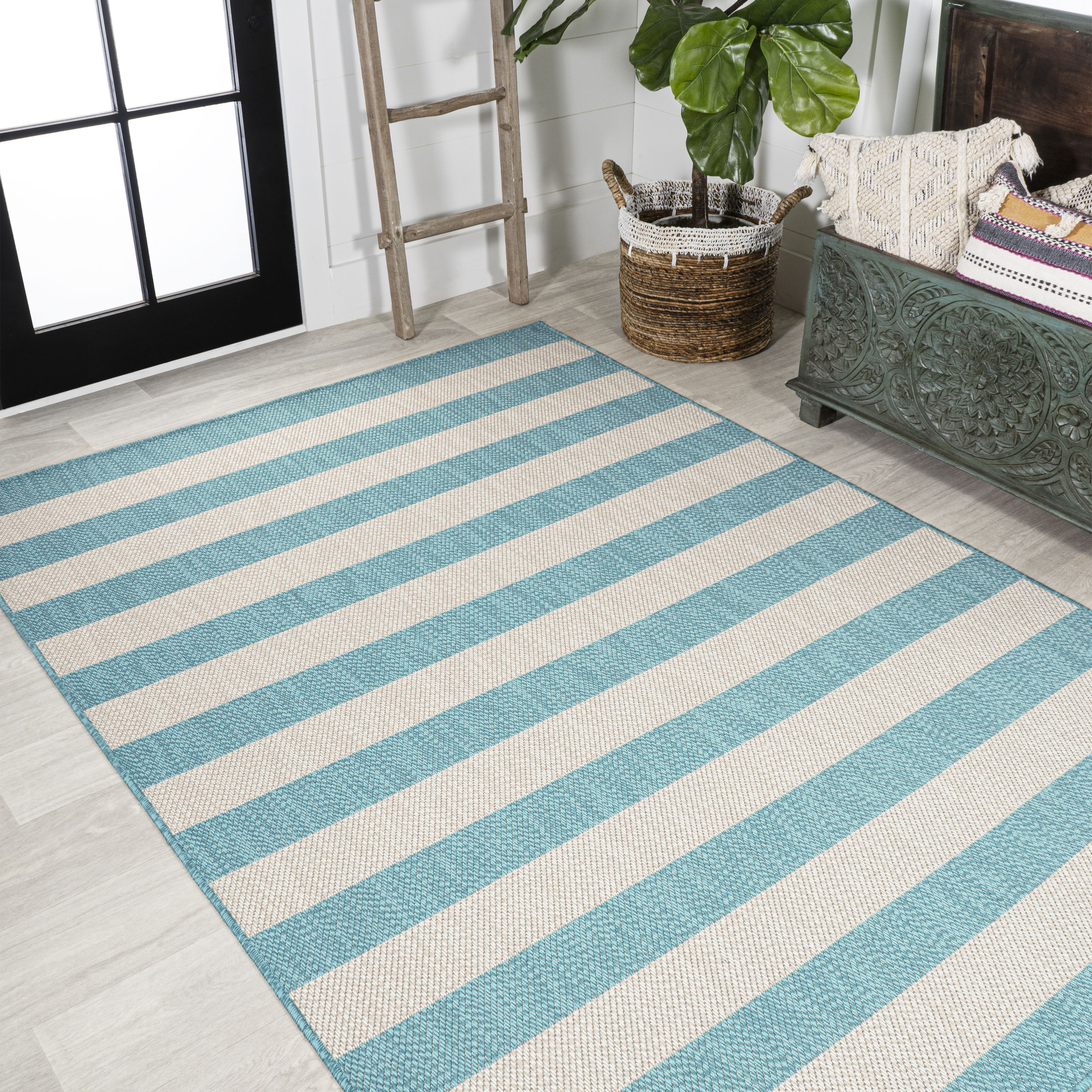 Aqua and Cream Striped Synthetic 4' x 6' Rug