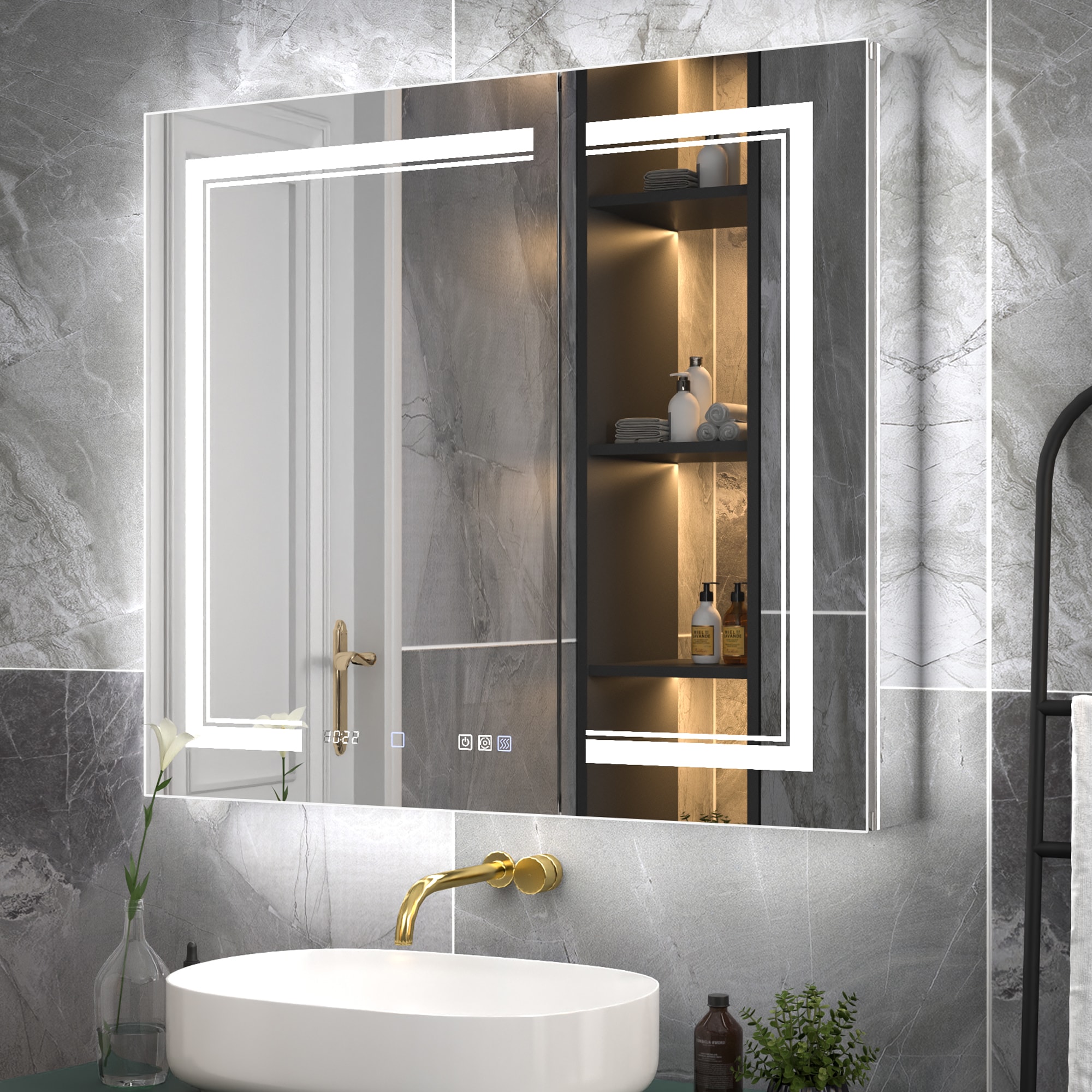 ExBrite W7MC6030 Glint 36-in x 32-in Lighted LED Fog Free Surface/Recessed Mount Lustra Silver Mirrored Rectangle Soft Close Medicine Cabinet with Outlet