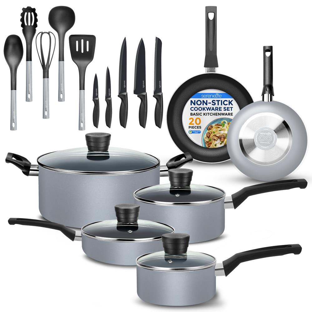 SereneLife  Kitchenware Pots and Pans Basic Kitchen Cookware Black NonStick Coating Inside Heat Resistant Lacquer 20Piece Set One Size Gray
