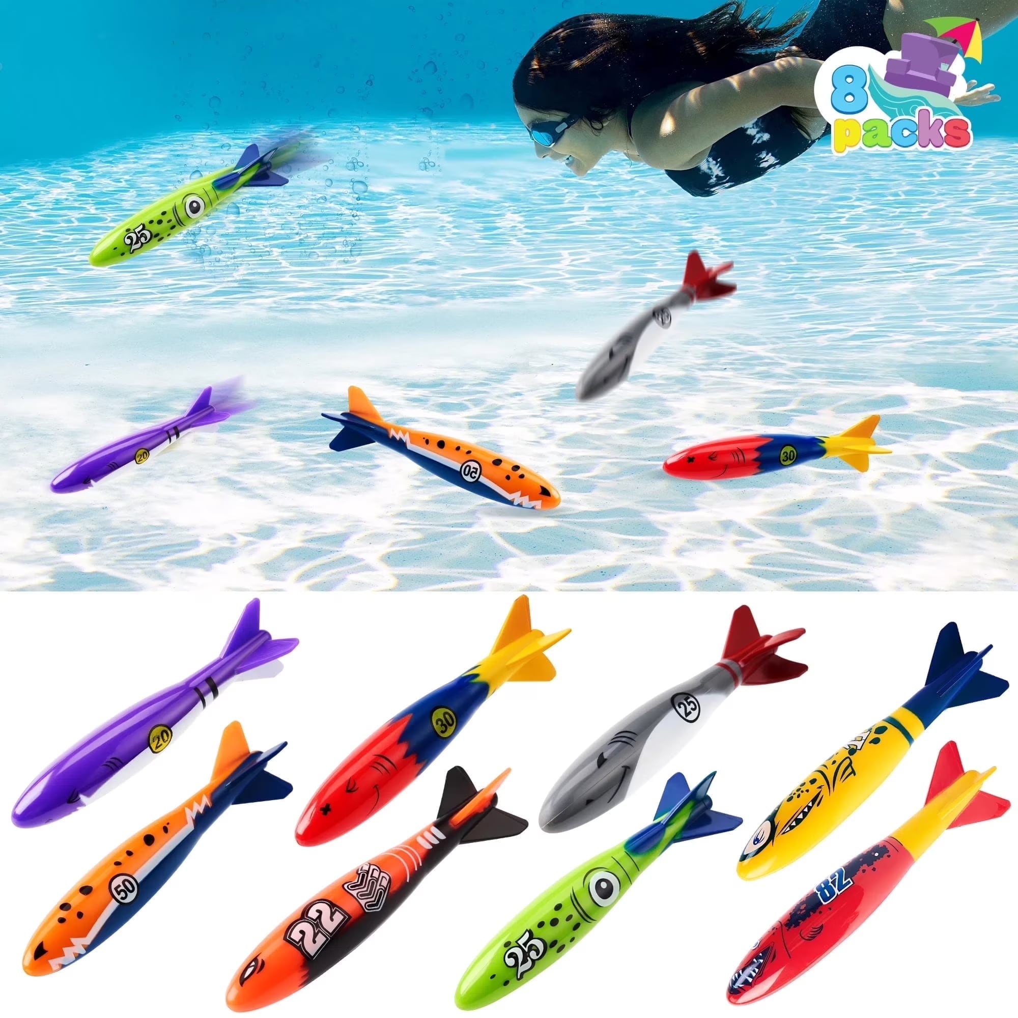 Joyfy 8 Packs Pool Toys Shark Underwater Diving Toys Colorful Swimming Toys Sinking Throwing for Kids Gifts Summer Swim Dive Training Water Fun Pool Games(Sharks)