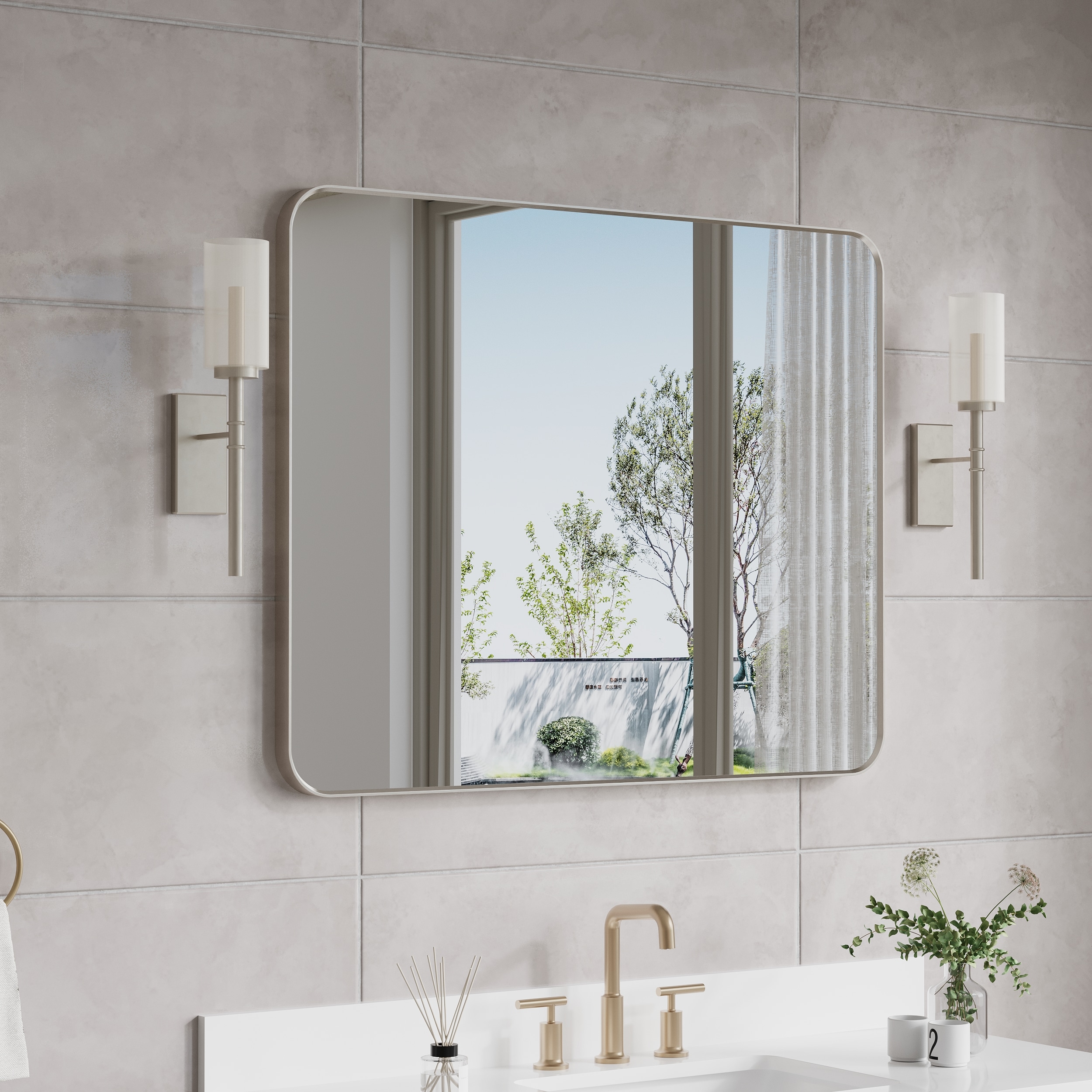 WELLFOR MD2832MR-WT Bella 40-in x 32-in Framed Rectangle Bathroom Vanity Mirror ( Brushed Nickel )