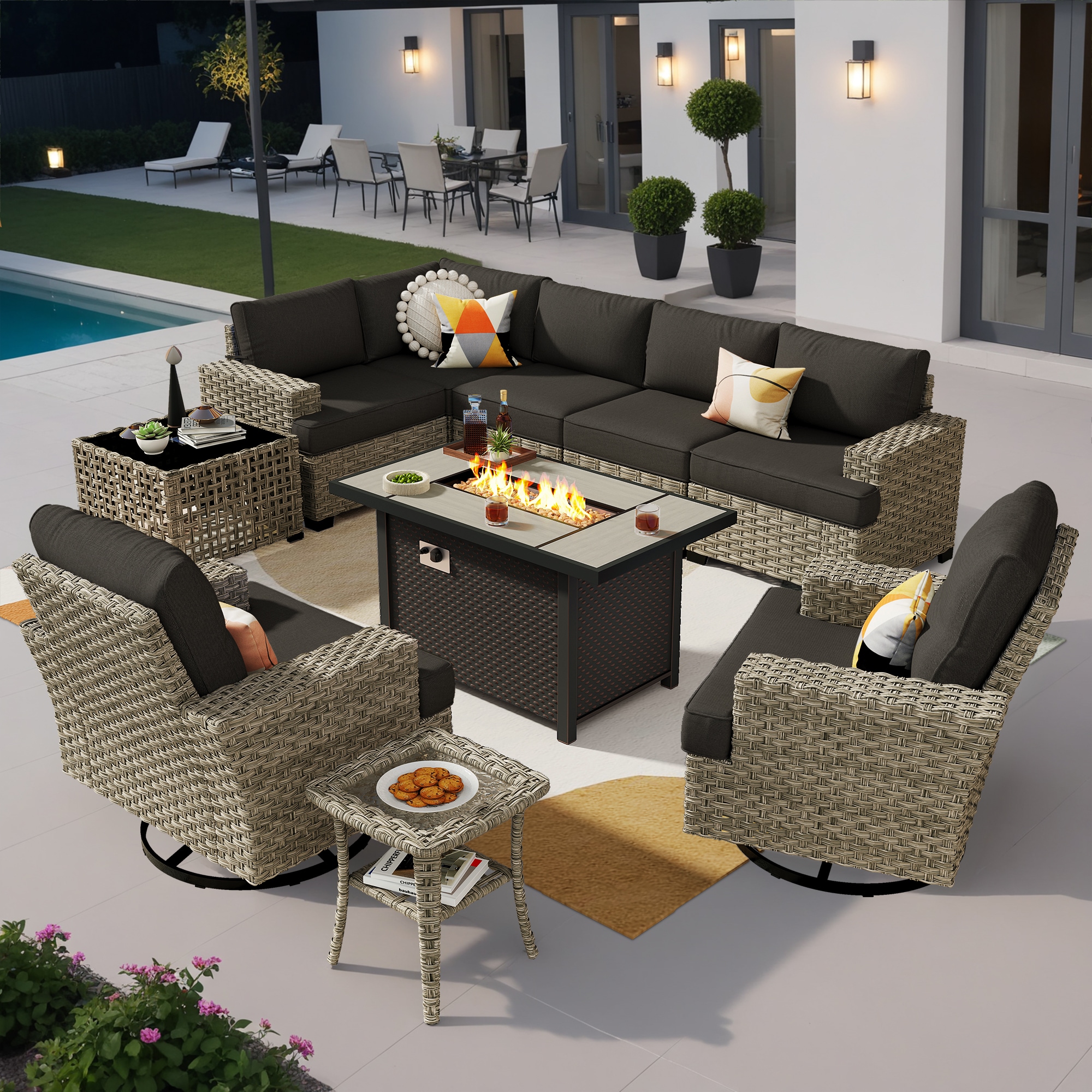 Pouuin SDFPTYZBS109 Wicker Outdoor Sectional with Black Cushions and Wicker Frame