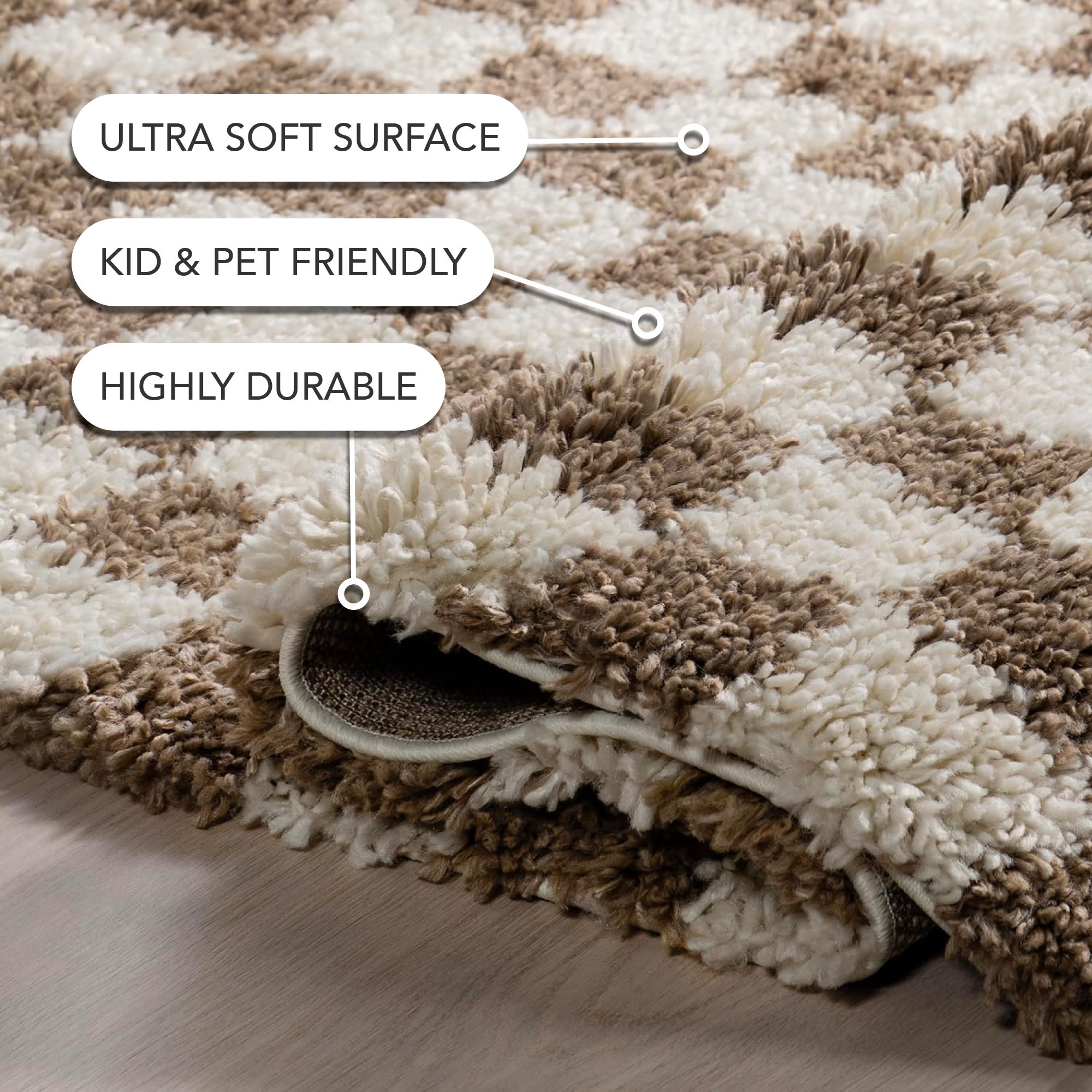 Beige and Brown Checkered Shag Synthetic Area Rug 6' x 9'