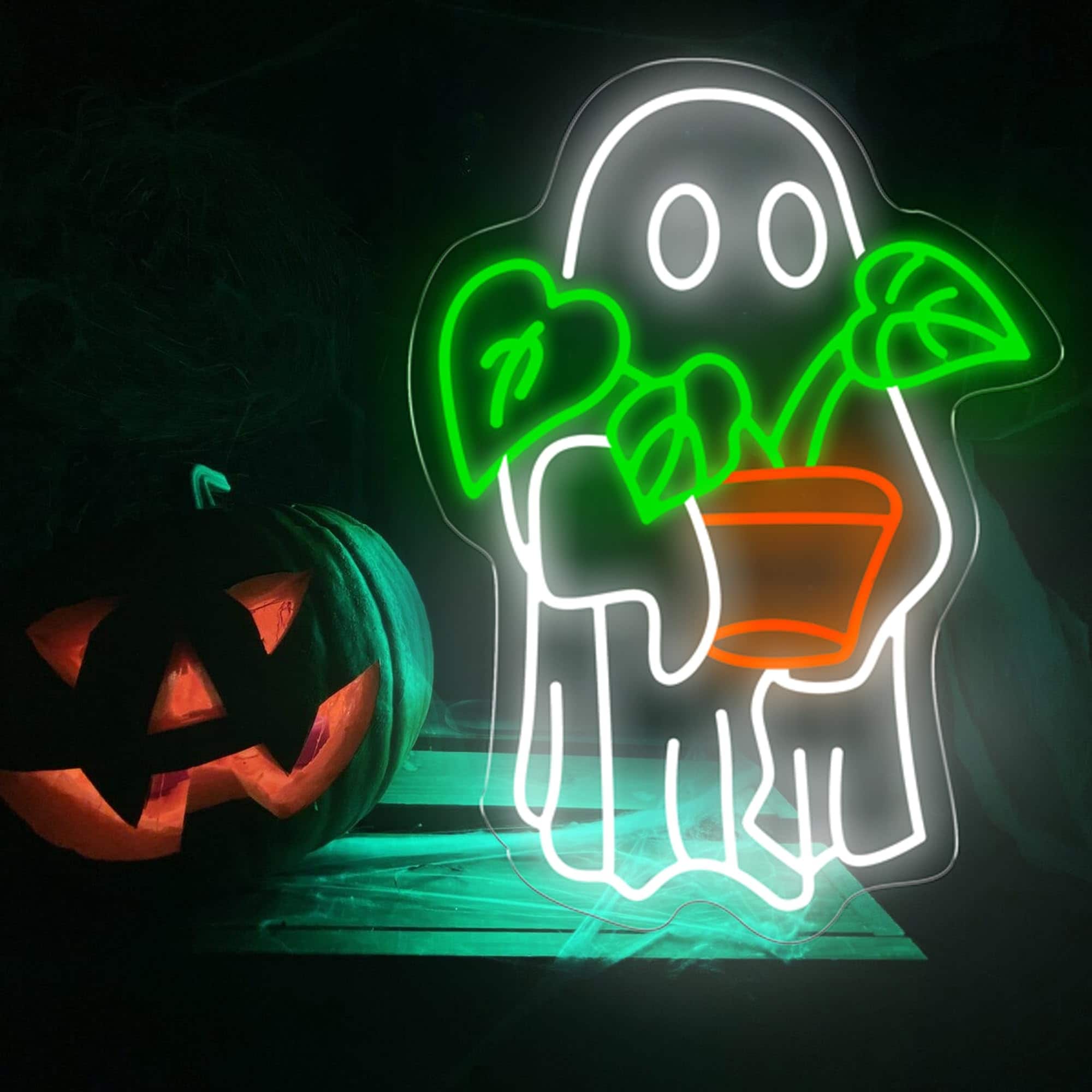 Oyezvary  Ghost Holding Plant Neon Sign LED Wall Light Cute Spirit with Green Potted Plant USB Powered for Bedroom Plant Corner Halloween Decor