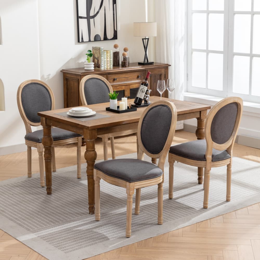 Maison Boucle BRIA-CHAIR-GRAY-4 Set of 4 Gray Linen Fabric Dining Chairs with Solid Wood Frame Antique Finish for Dining Room Decor