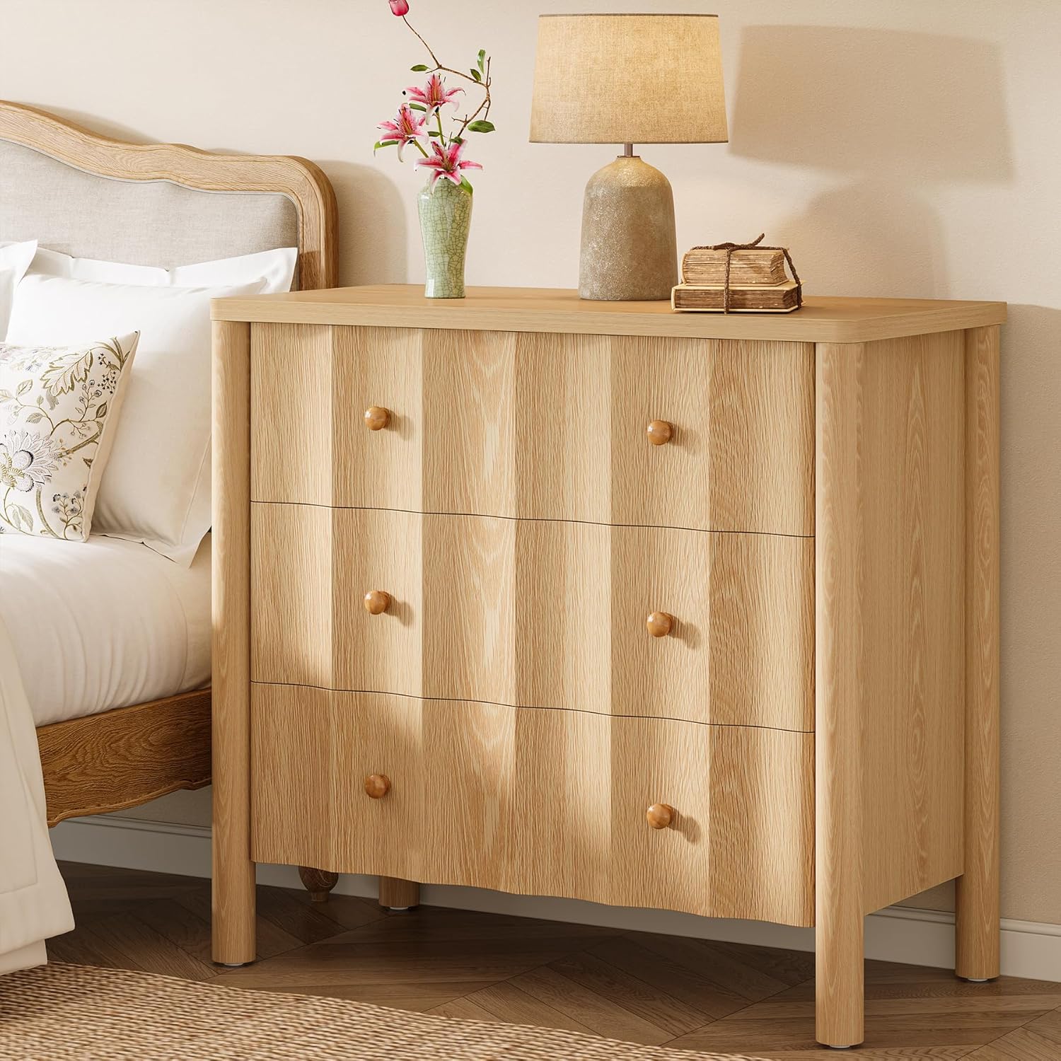 Tribesigns  Nightstand with 3 Drawers Modern Large Night Stand 31.5 inches Wide Oversized Bedside Table Natural Oak End Table for Bedroom Natural Oak