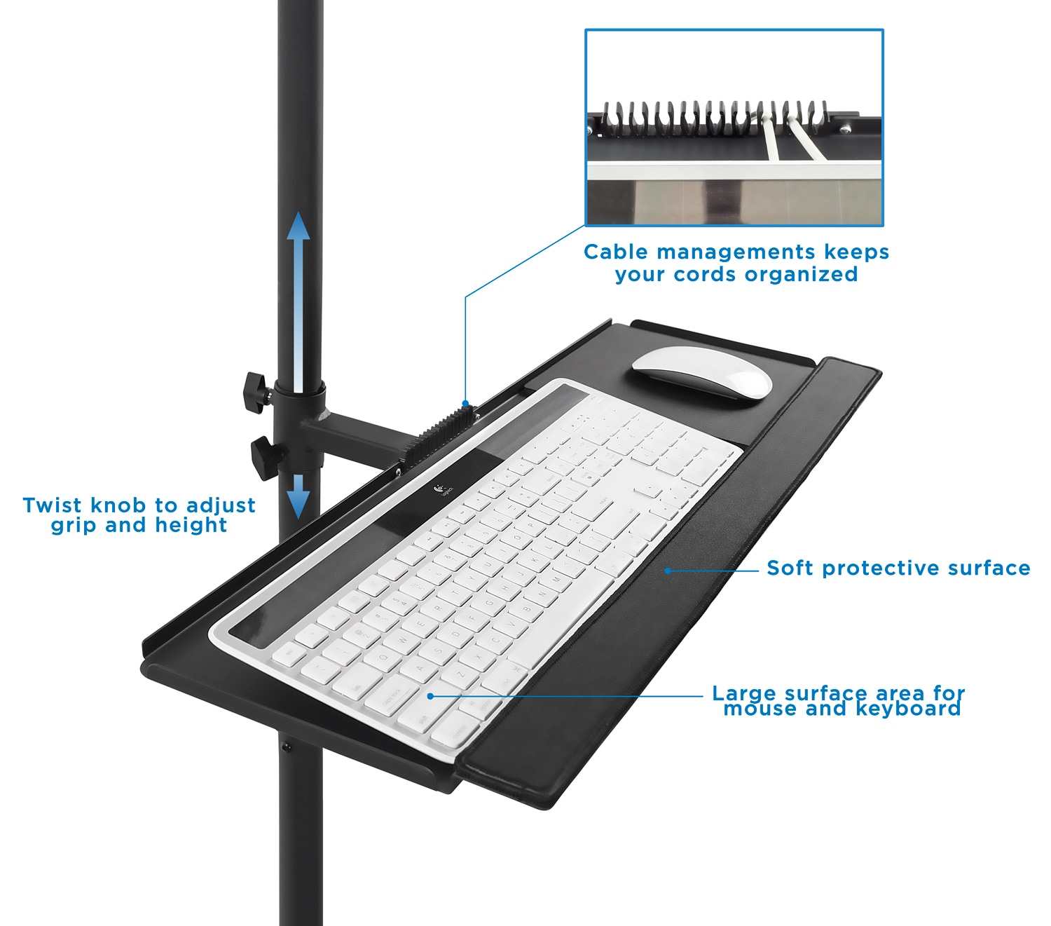 Black Height Adjustable Mobile Computer Cart with Monitor Mount and CPU Holder