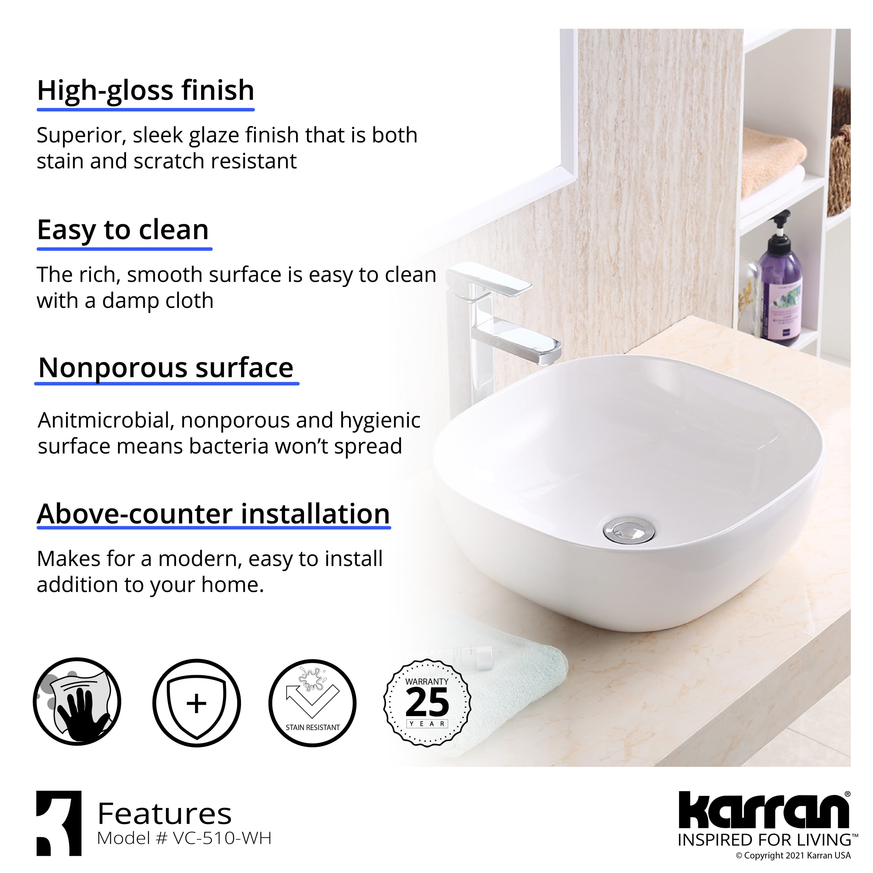 White Ceramic Square Above-Counter Vessel Bathroom Sink