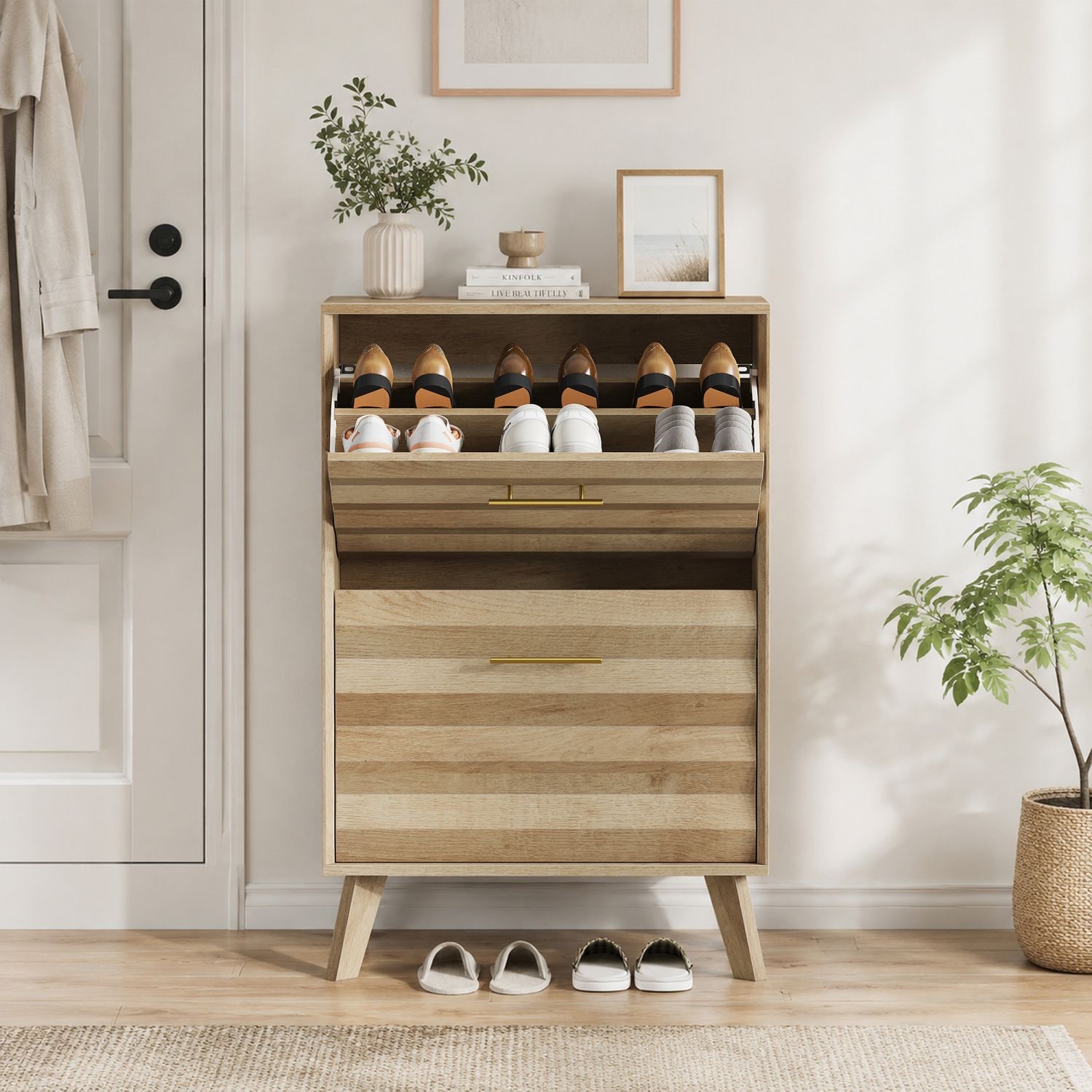 Blisstyle 37.8-in H 2 Tier 10 pair oak Engineered wood Shoe cabinet