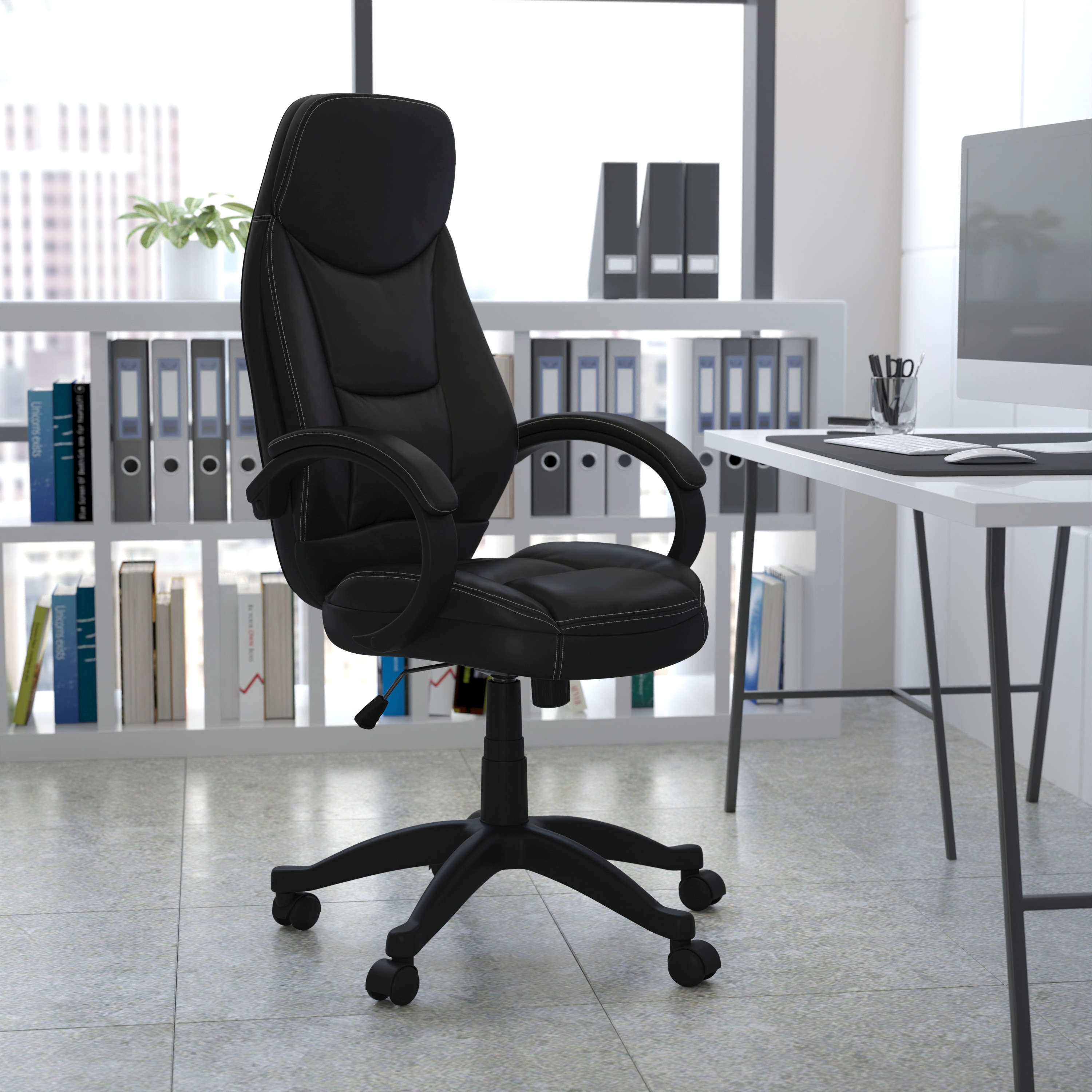 ErgoExecutive High Back Black LeatherSoft Swivel Chair with White Stitching