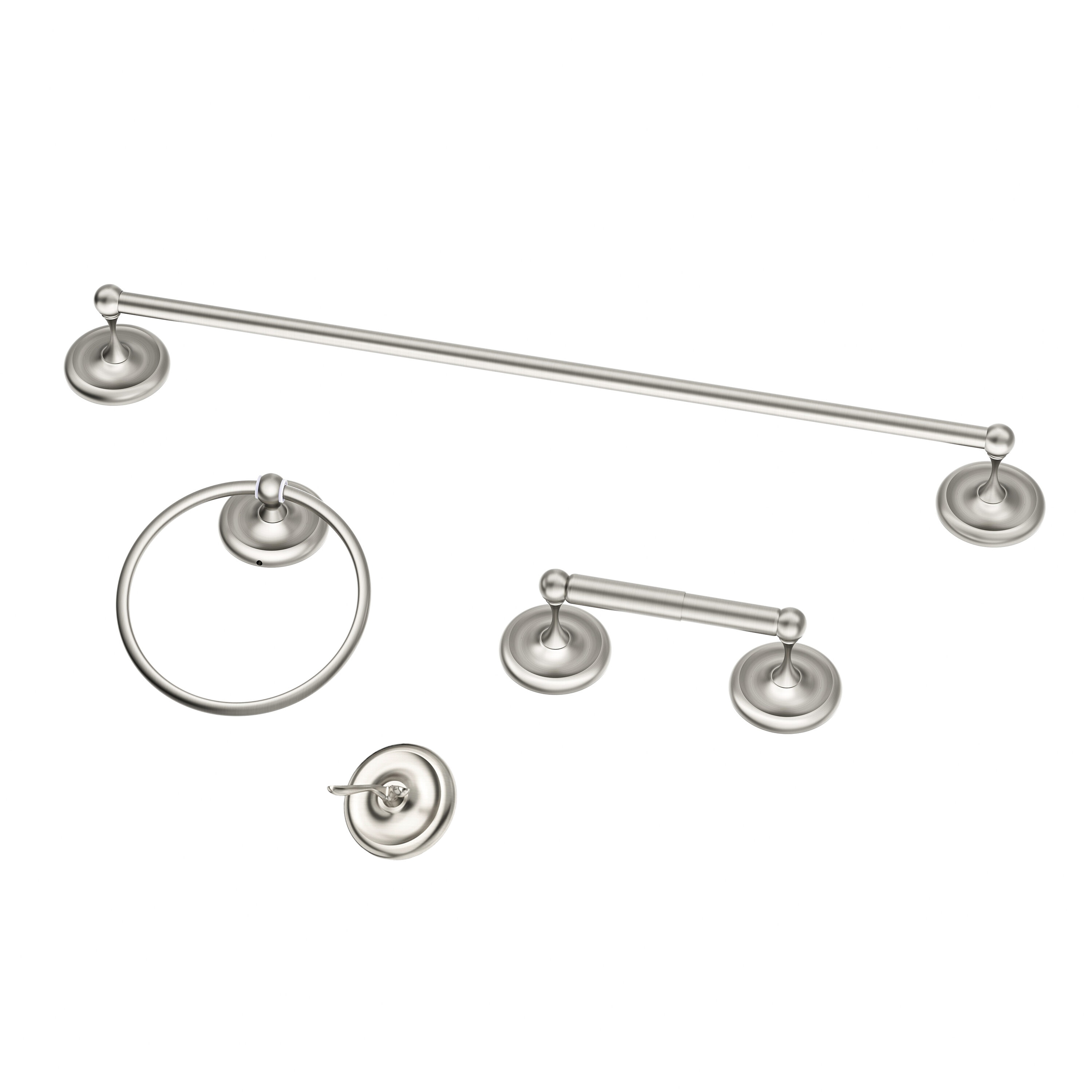 androme AD191M1BN4 4 -Piece Brushed Nickel Decorative Bathroom Hardware Set Towel Bar, Toilet Paper Holder, Towel Ring ,Robe Hook Included
