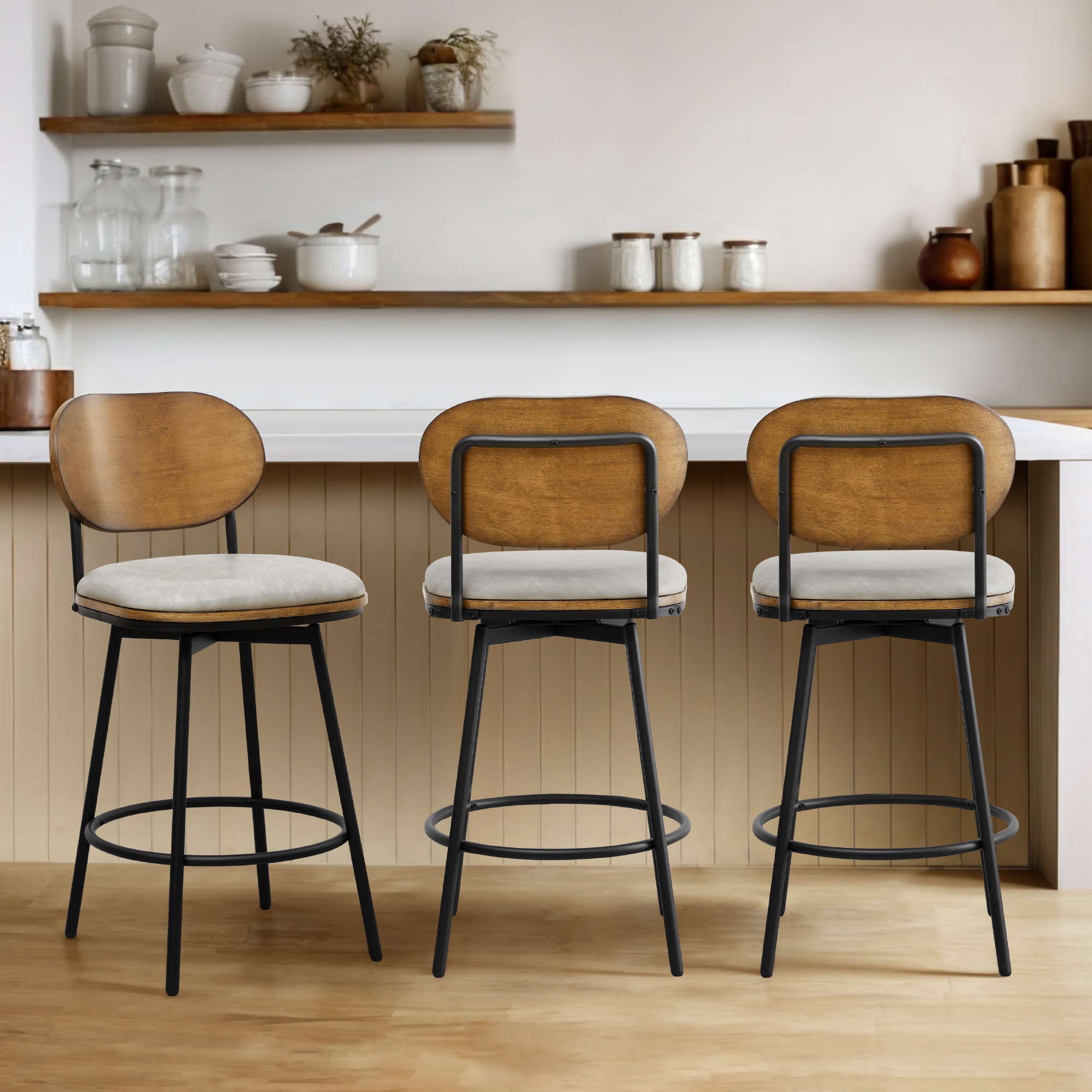 Circle 55 3-LWSBS72022-PUGTSF 3 -Set Sand Gray 27.2-in H Counter height Round seat Upholstered Swivel Metal Bar Stool and Back