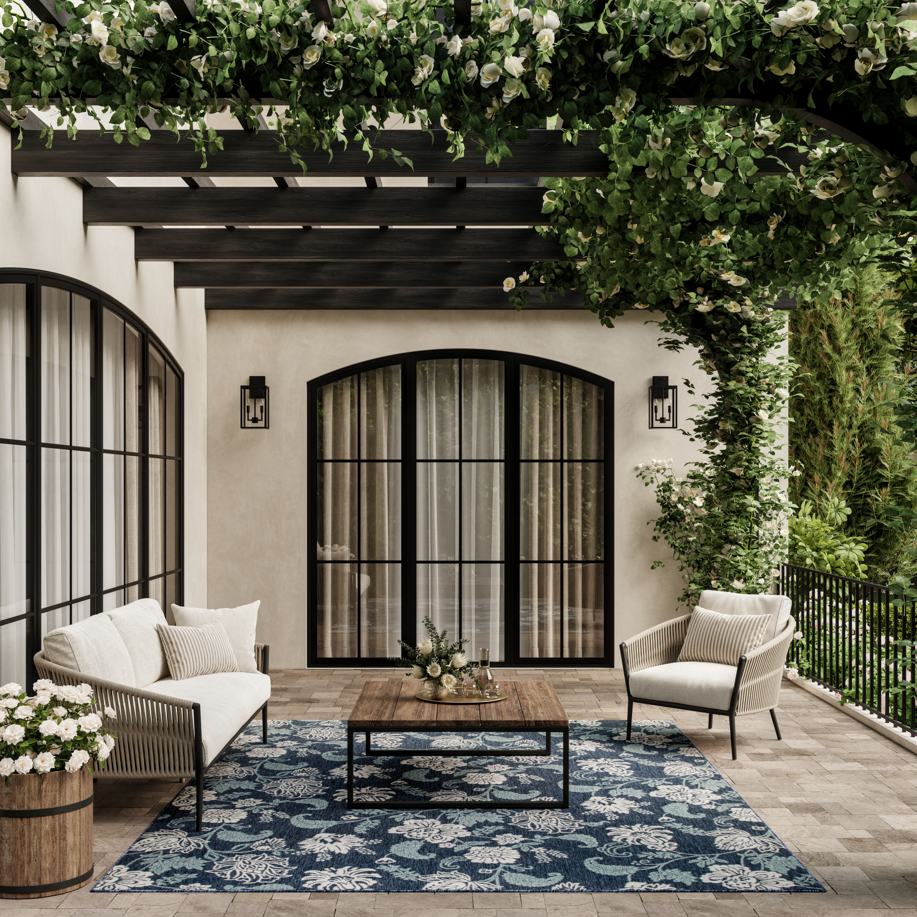 Nourison Home 099446959539 Garden Oasis 9 x 12 (ft) Loomed Polypropylene Navy Rectangular Indoor/Outdoor Floral/Botanical Tropical Area rug
