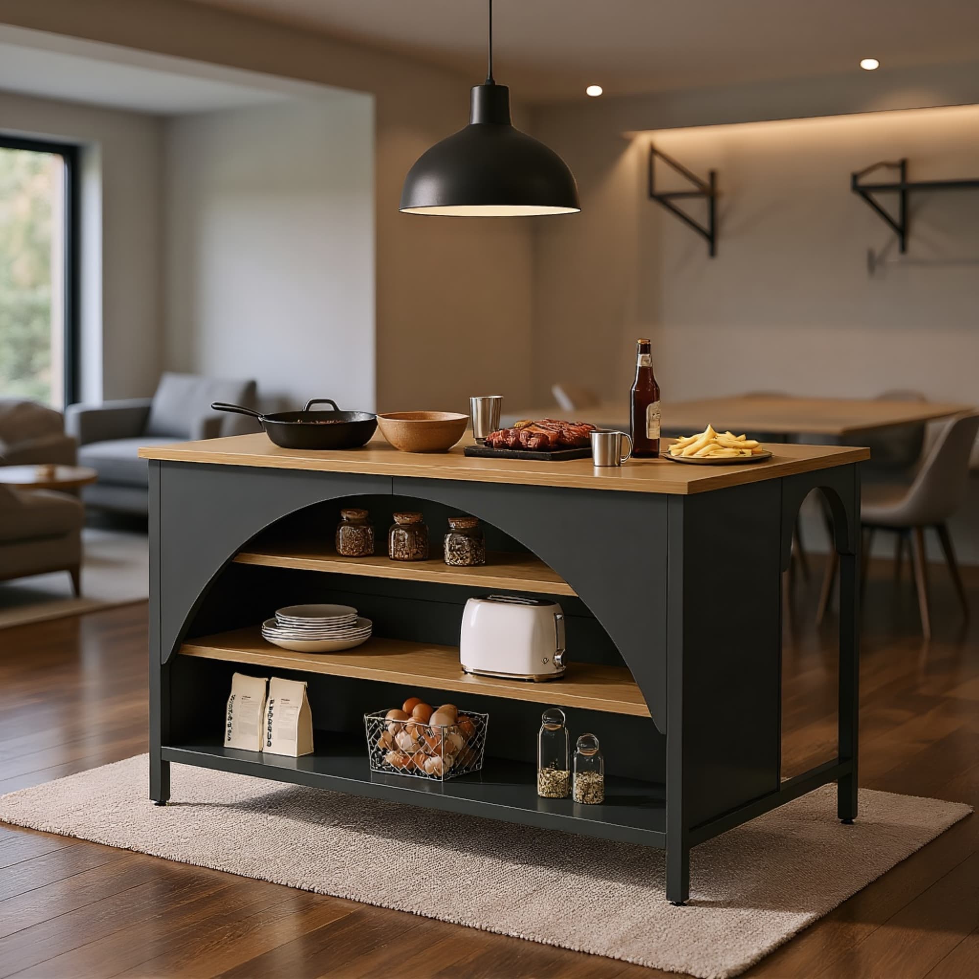 Runesay - Black MDF Base with MDF Wood Top Rolling Kitchen Island ( 31.52-in x 55.16-in x 35.46-in )
