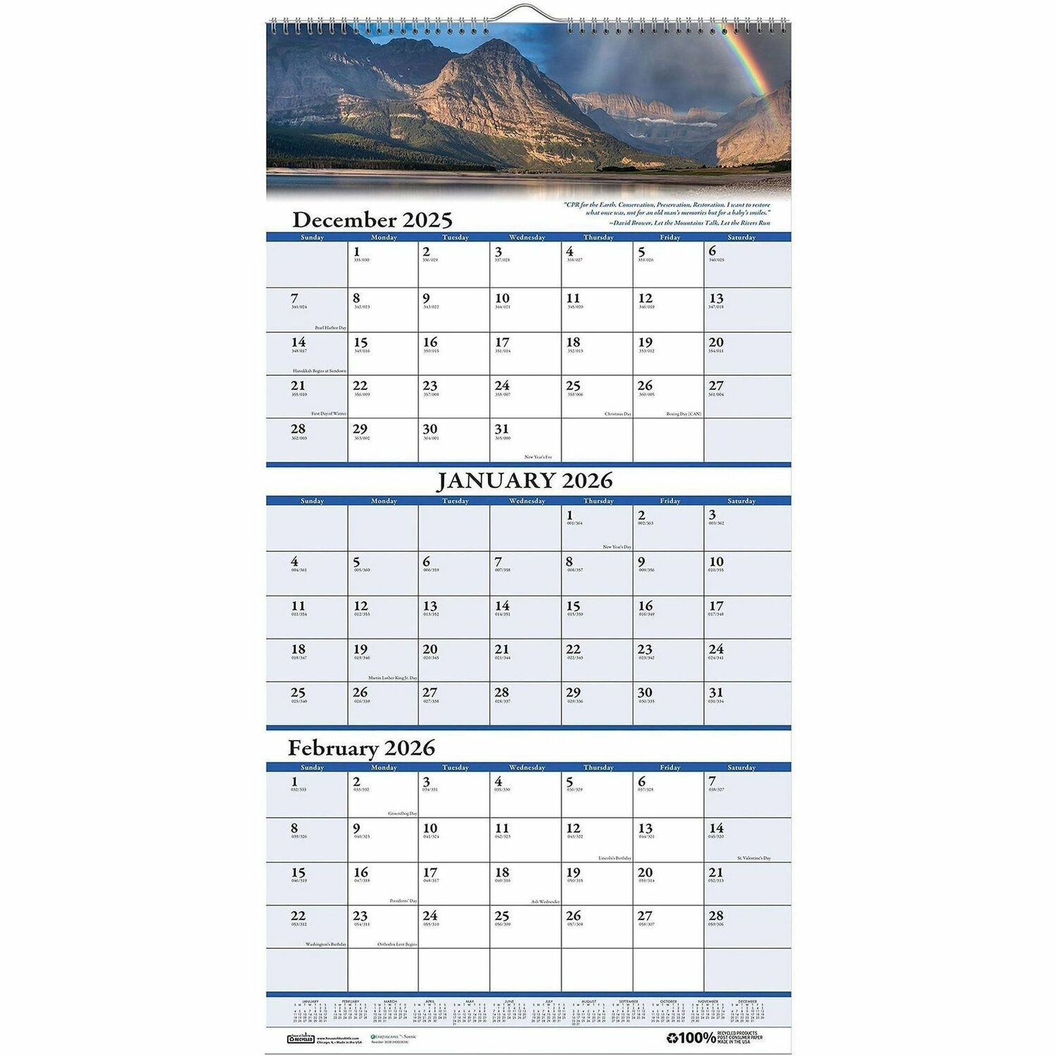 House of Doolittle SPRHOD3638 Earthscapes Recycled 3 Month Vertical Wall Calendar  Scenic Landscape Photography  12.25 x 26  14 Month Dec 2025 to Jan 2027