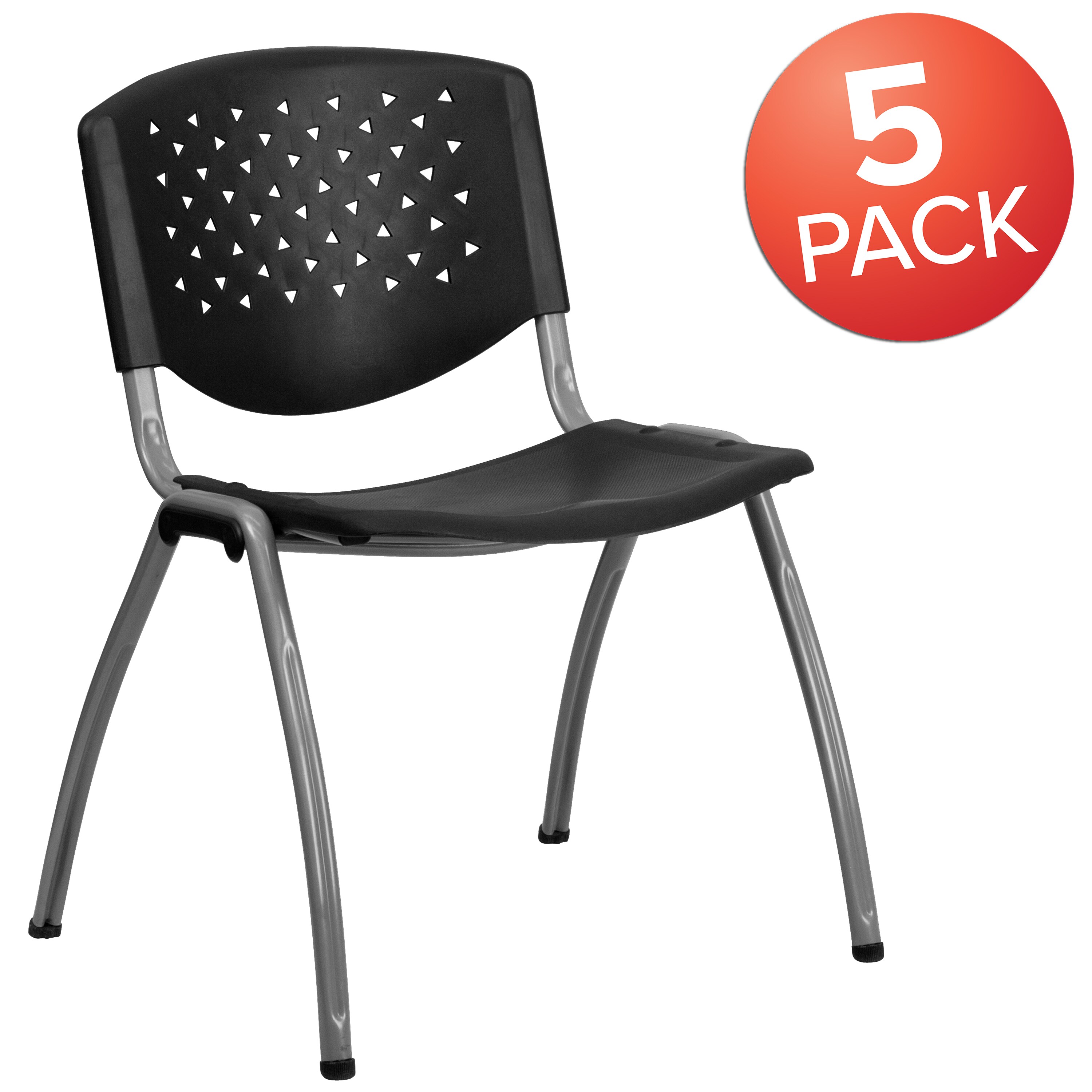 Flash Furniture 5 Pk HERCULES Series 770 lb Capacity Black Stack Chair with Lumbar Support and Silver Frame 