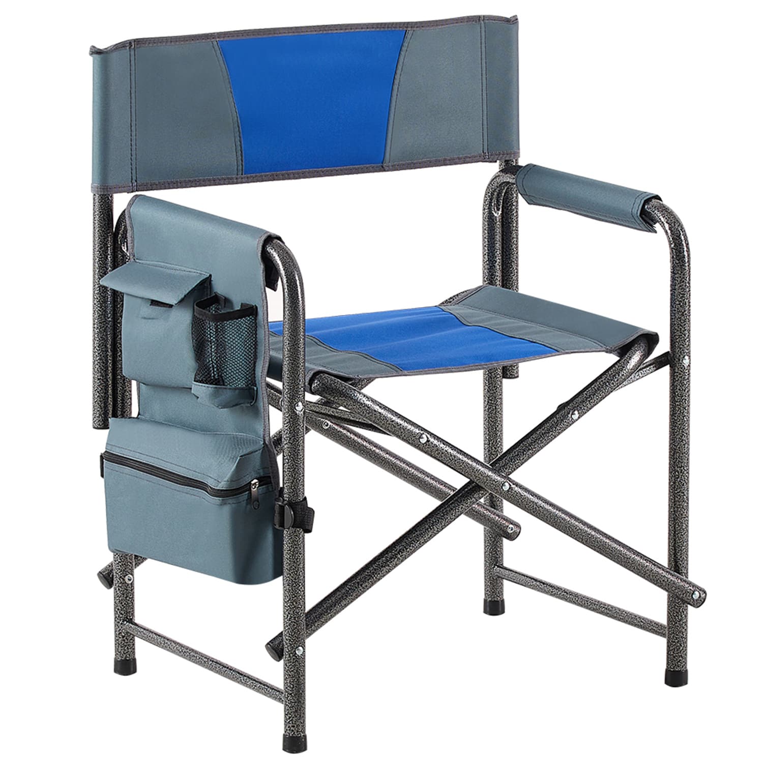 GZMR GZ-JWS-78768 1-piece Padded Folding Outdoor Chair with Storage Pockets Blue+Grey Steel Frame Stationary Beach Chair with Gray Solid Seat