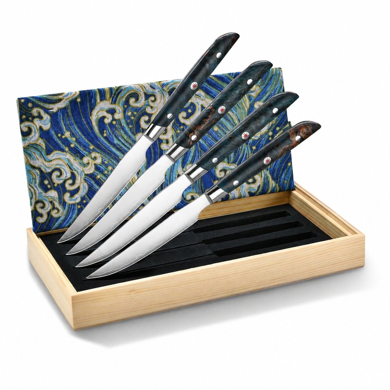 Aoibox  Japanese VG10 Steel Steak Knife Set of 4 Non Serrated 5 in Blade Stabilized Wood Handle Gift Box