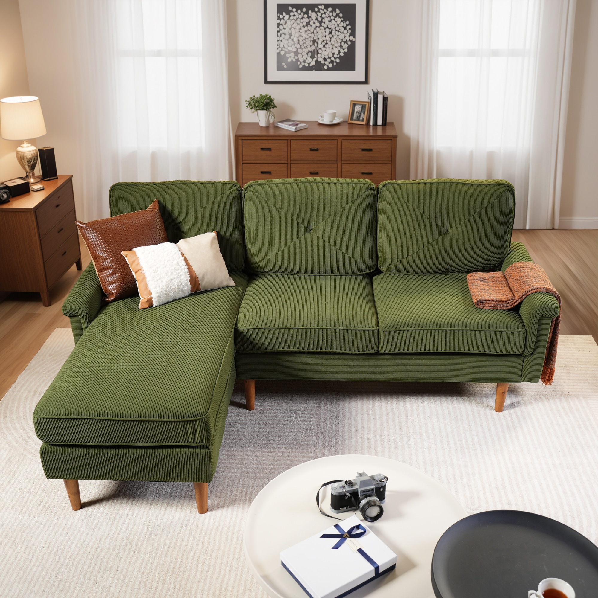 ALTRIGUS 6L-NOPL660-AL 87-in Modern Corduroy Green-Left Chaise 3 -seater Reclining Sofa