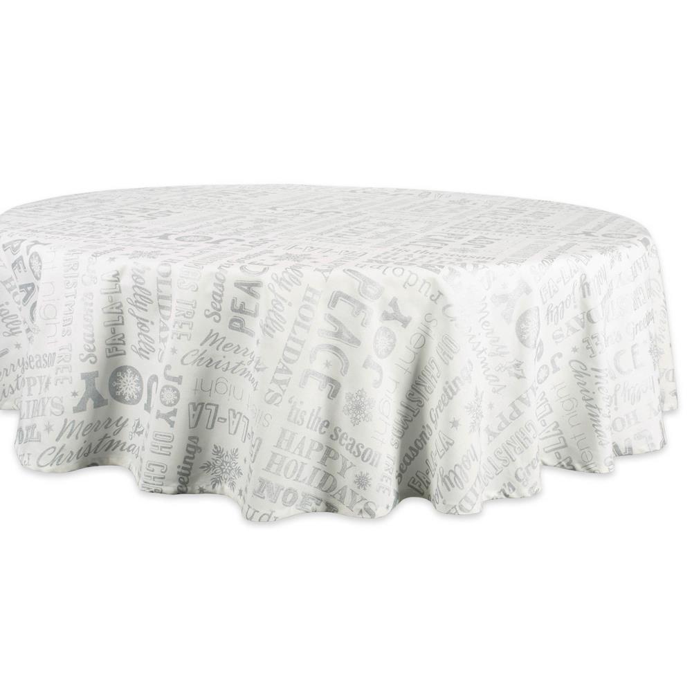 DII CAMZ38078 Silver Christmas Collage Tablecloth 70 Round