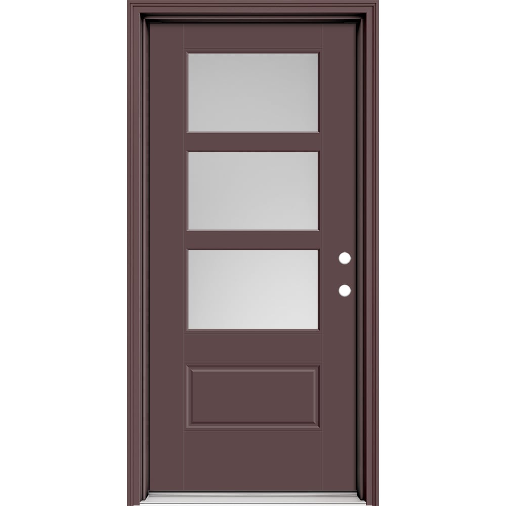 Masonite 630529 Performance Door System 36-in x 80-in x 4-9/16-in Fiberglass 3/4 lite Left-hand inswing Currant Painted Prehung Front Door with Brickmould Insulating core with Grilles