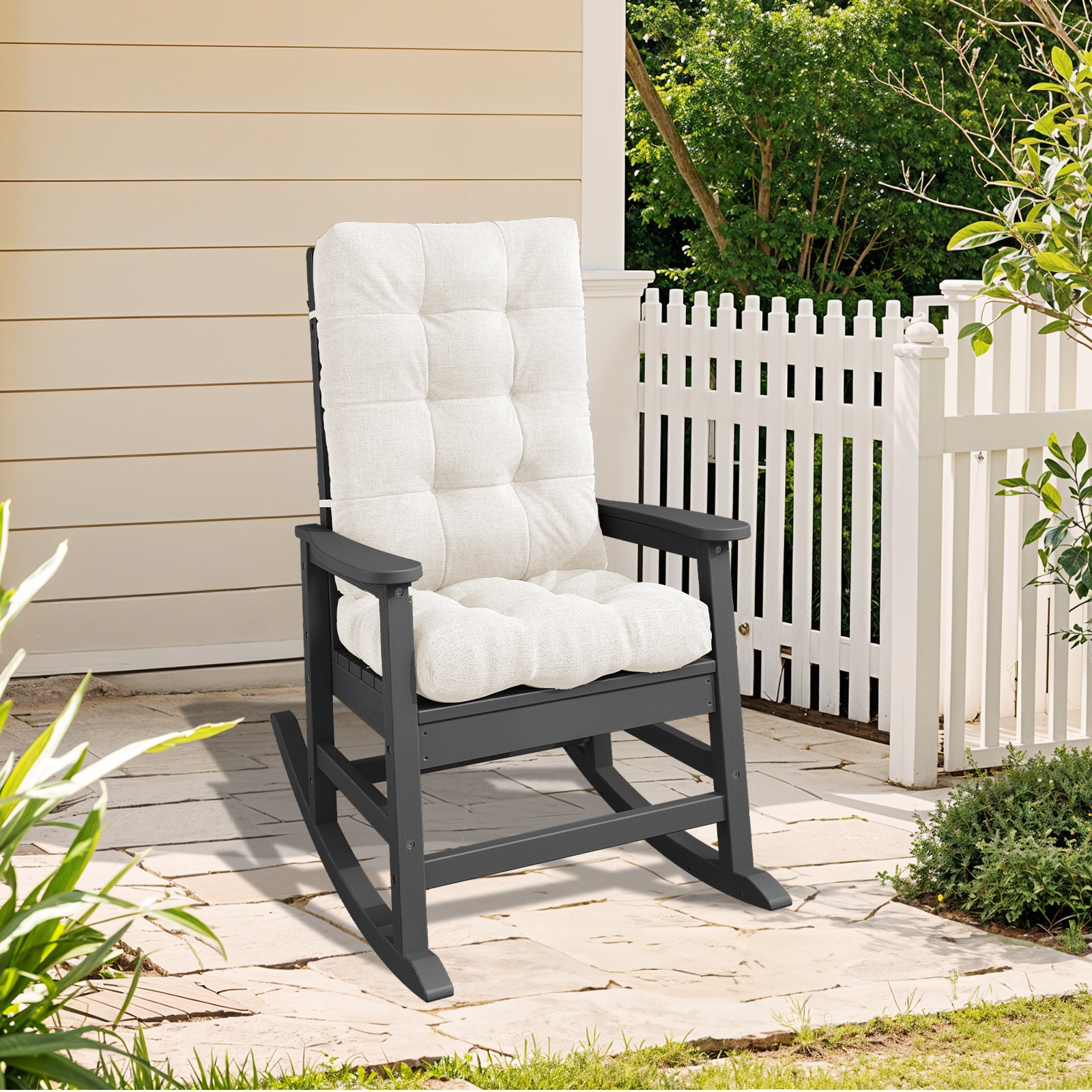 JEAREY 03YY-DZ-GB Patio Rocking Chair with Cushion Gray HDPE Frame Rocking Chair with Beige Cushioned Seat