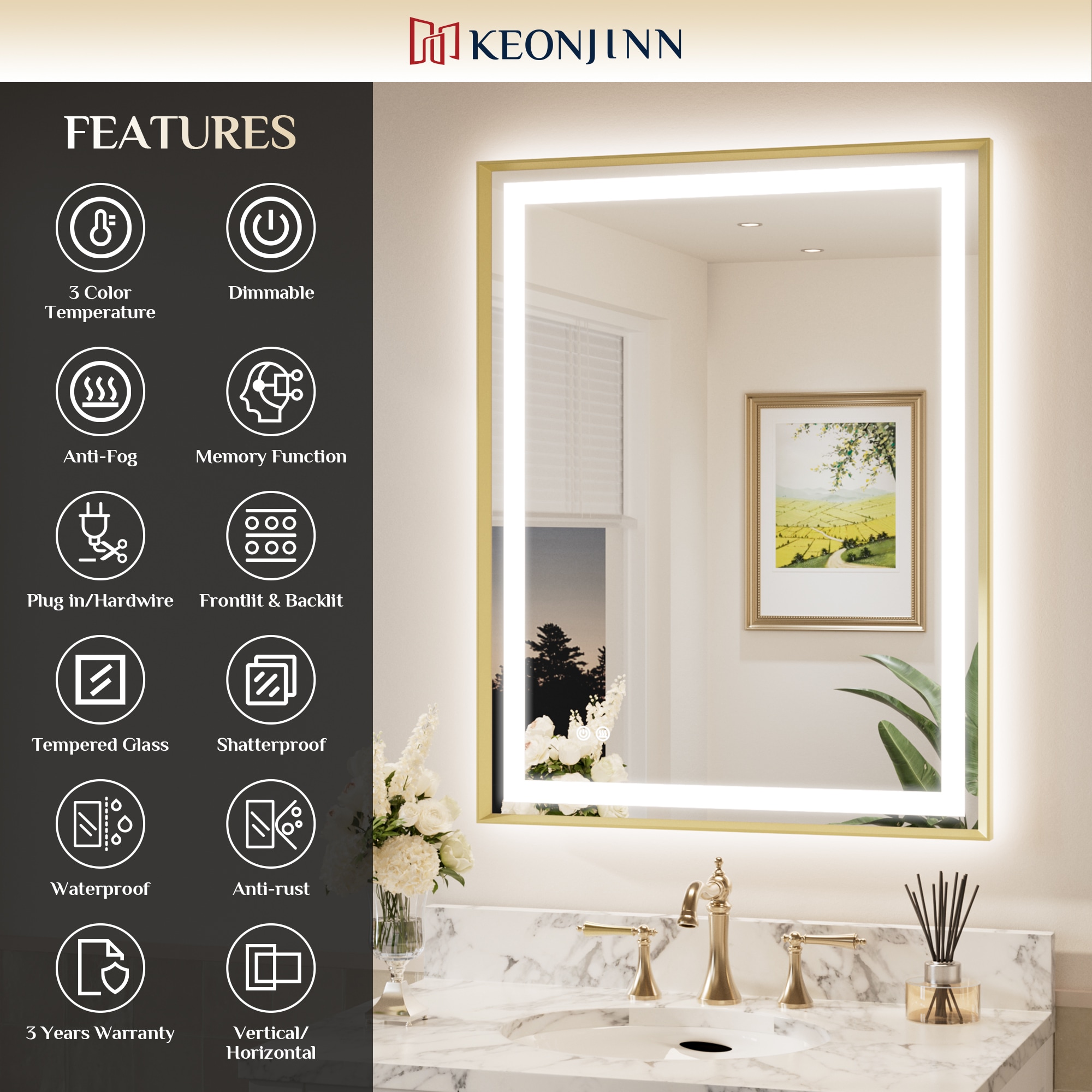 Keonjinn LW-BM66-6181-GD Framed-Bath-Mirrors - View #4