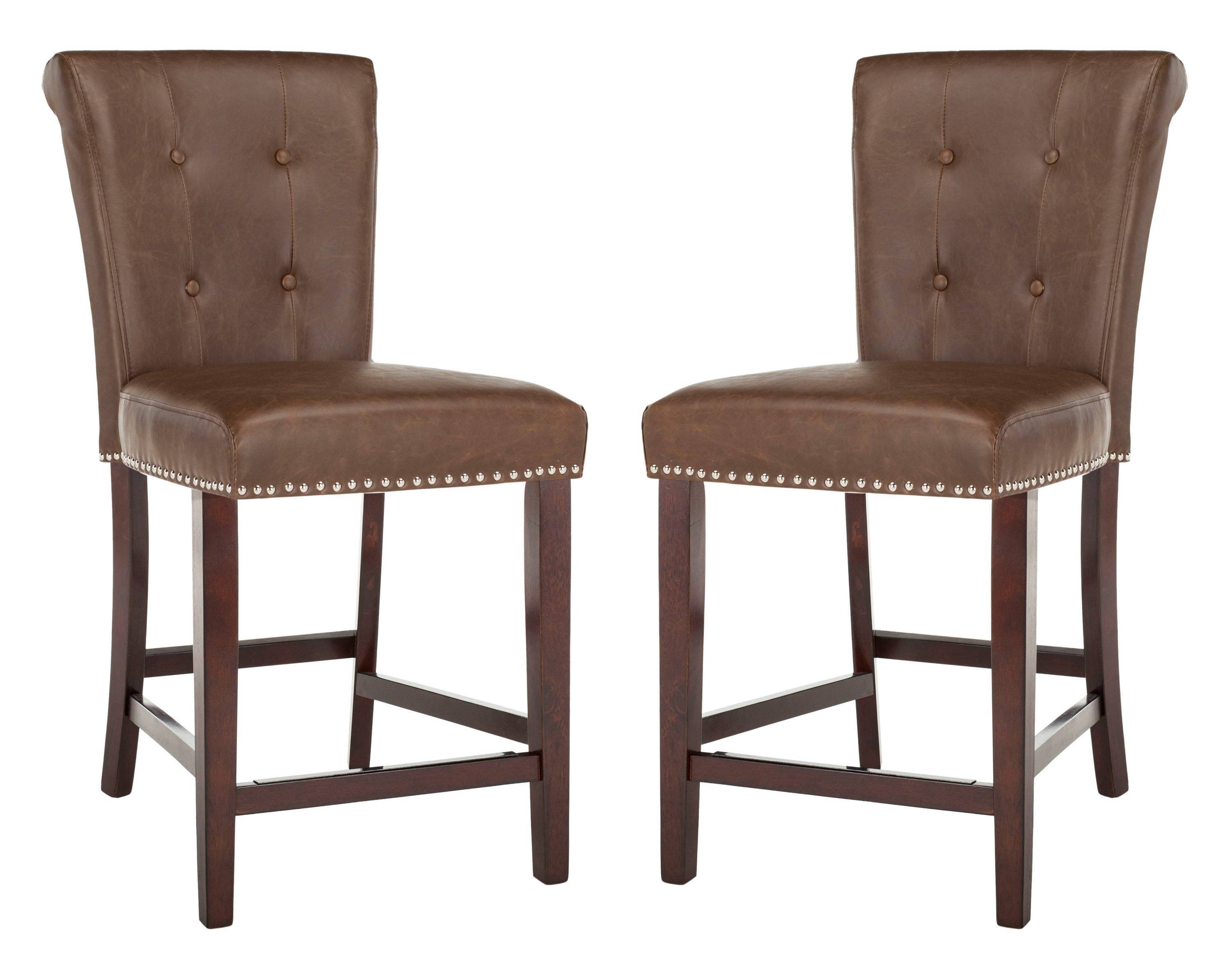 Transitional Tufted Brown Leather Counter Stool - Set of 2