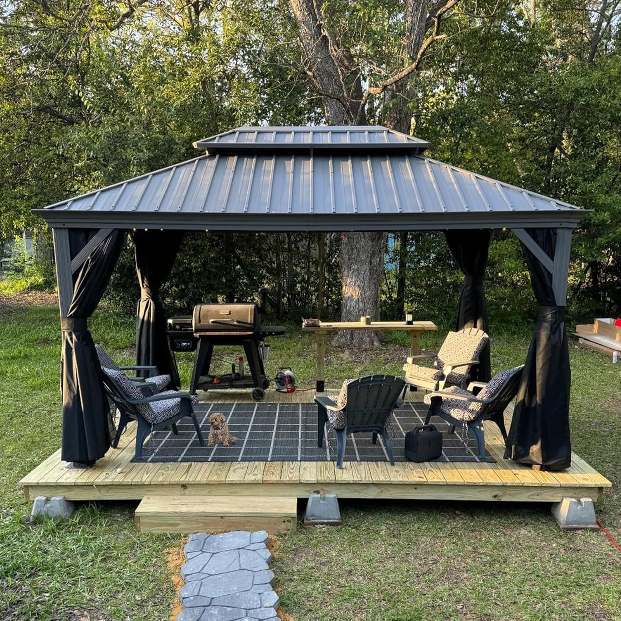 Light Gray 14' x 10' Aluminum Hardtop Gazebo with Curtains
