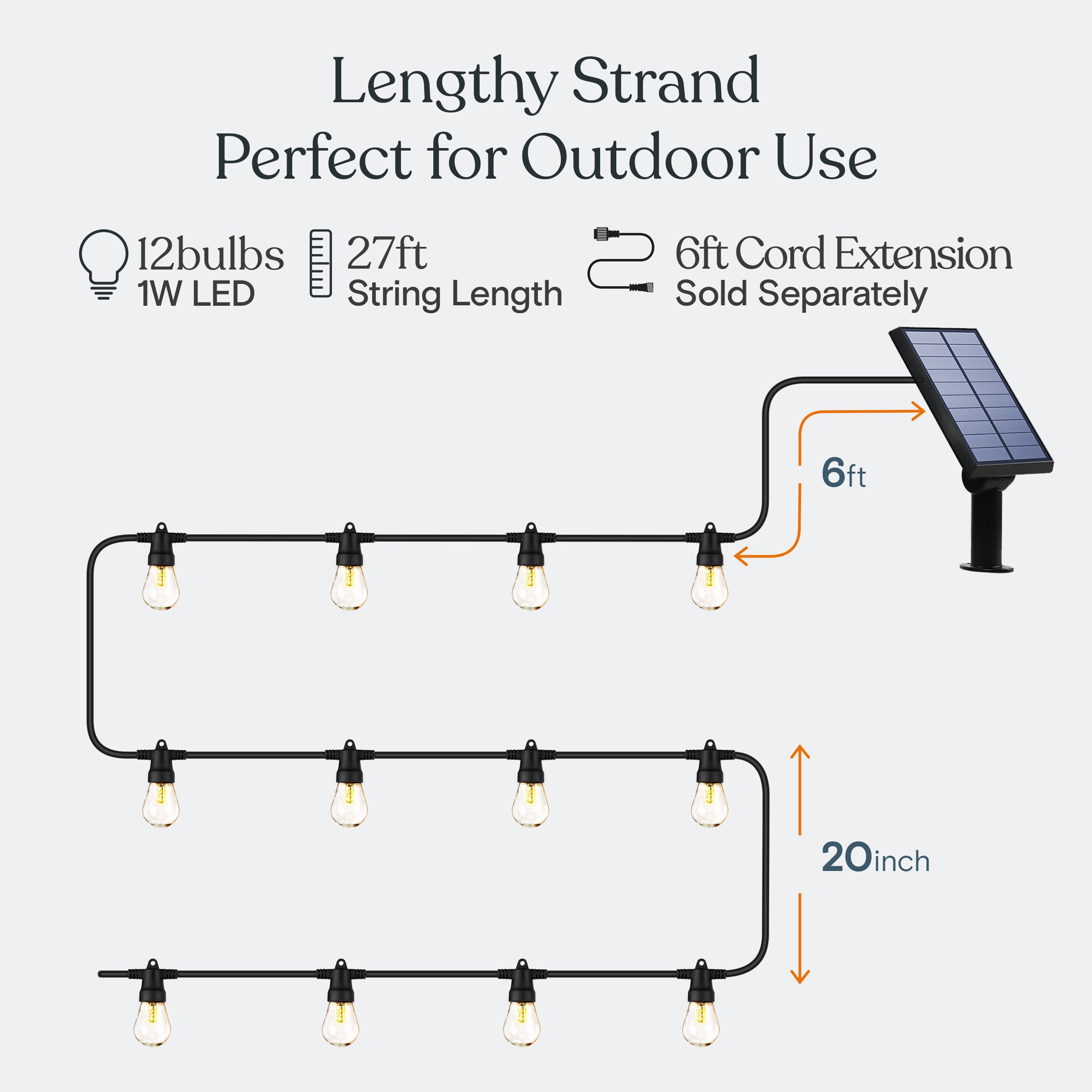 27-Foot Warm White Solar LED Outdoor String Lights with Black Wire