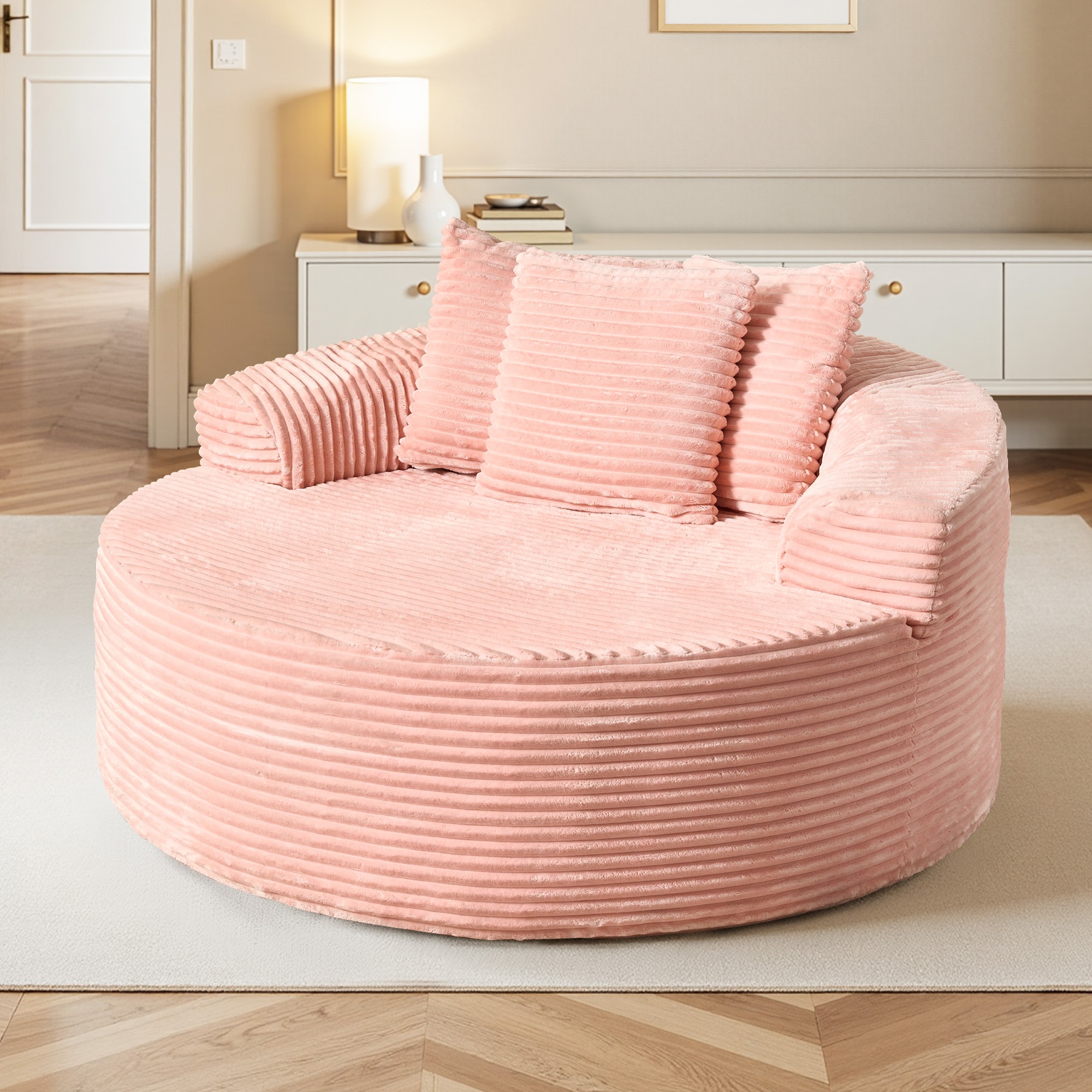 カナデモノ 椅子　Linen Round Lounge Chair - Pink Toject 58 Inch Oversized Round Chair Lounge Chaise Indoor No