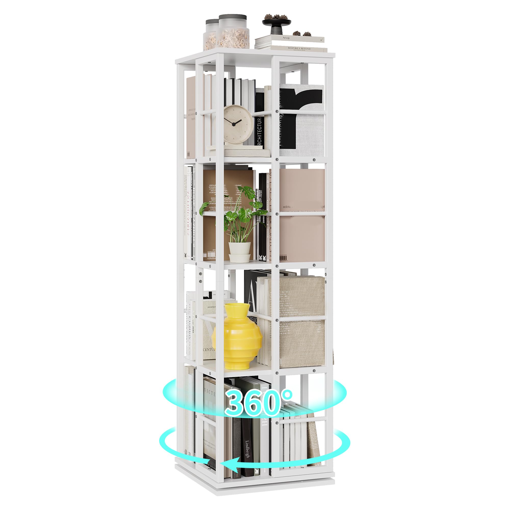 IdealHouse 4-Tier Industrial Metal Rotating Bookshelf Tower/ 54-Inch Tall Corner Spinning Bookcase for Small Spaces and Home Office