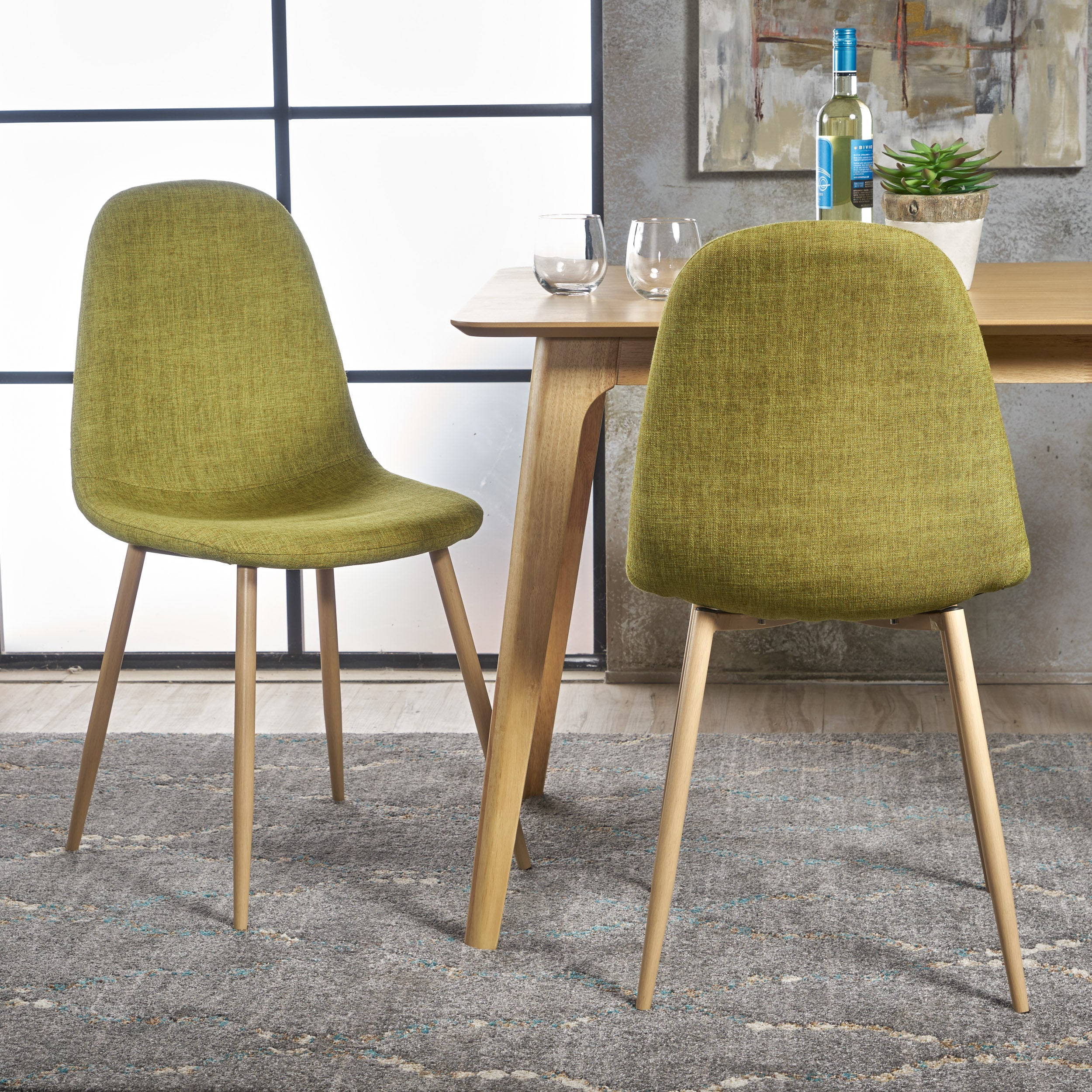 Set of 2 Green Upholstered Side Chairs with Light Brown Metal Legs