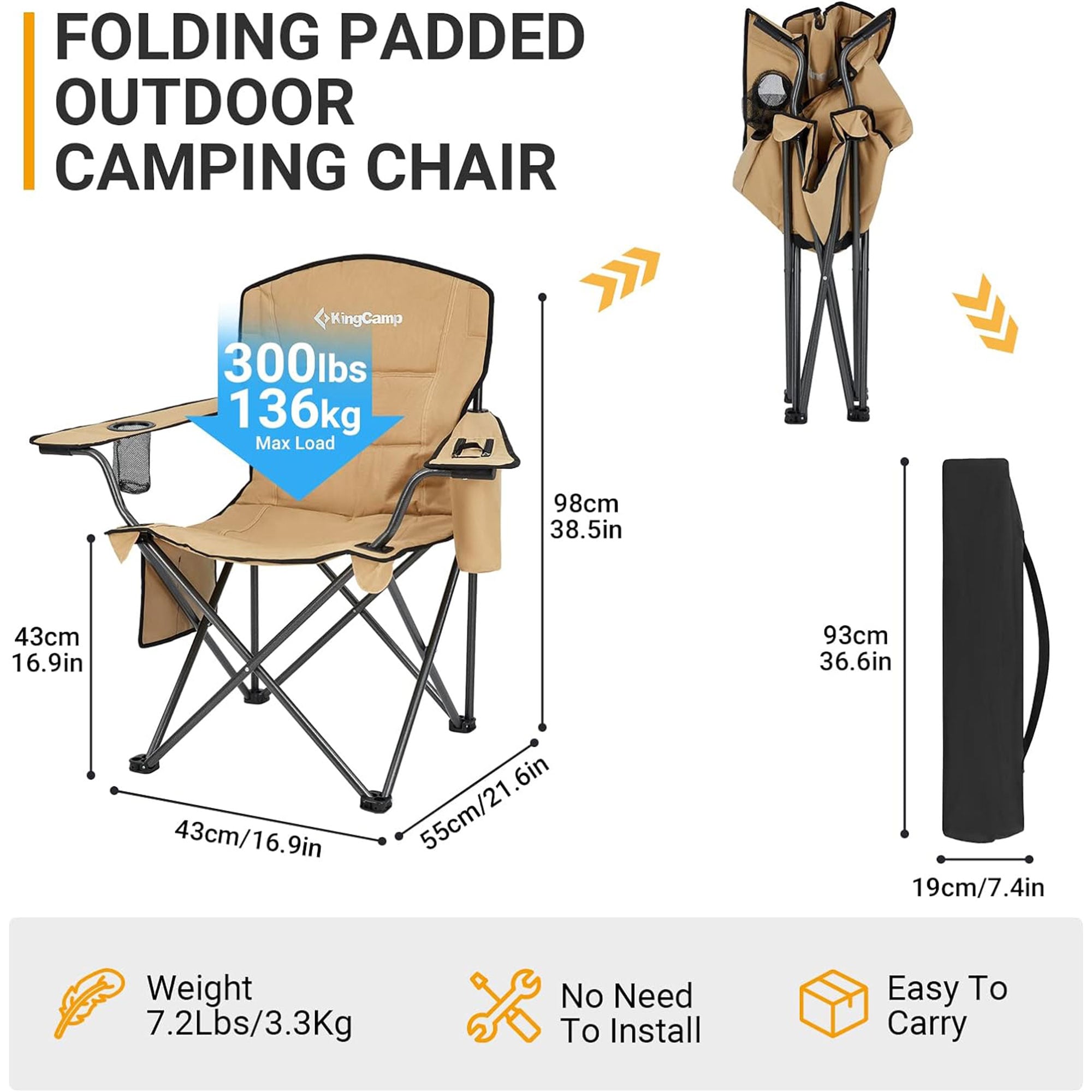 Khaki Padded Folding Camping Chair with Cupholder and Cooler