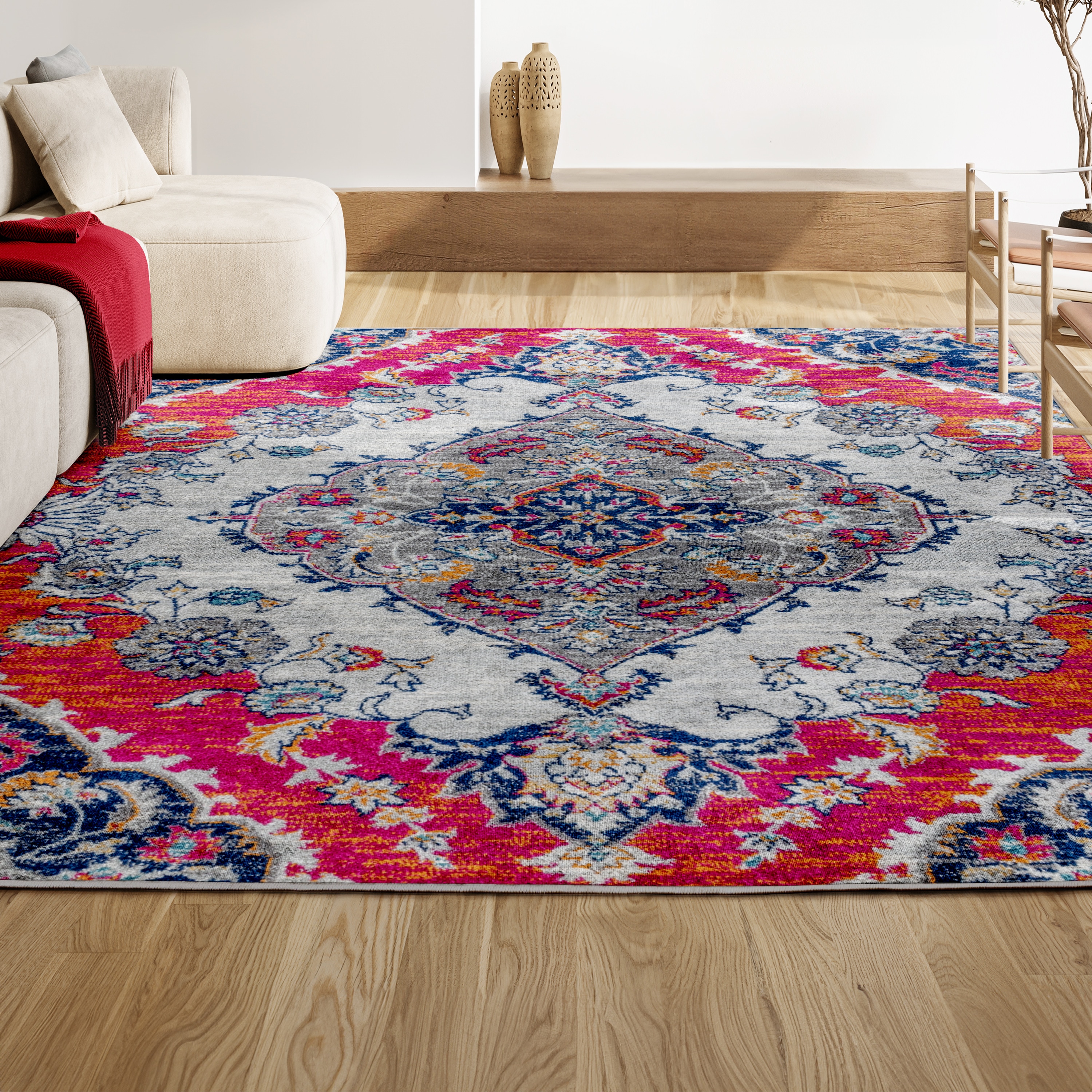 Bohemian Medallion 3' x 5' Blue and Coral Easy-Care Area Rug