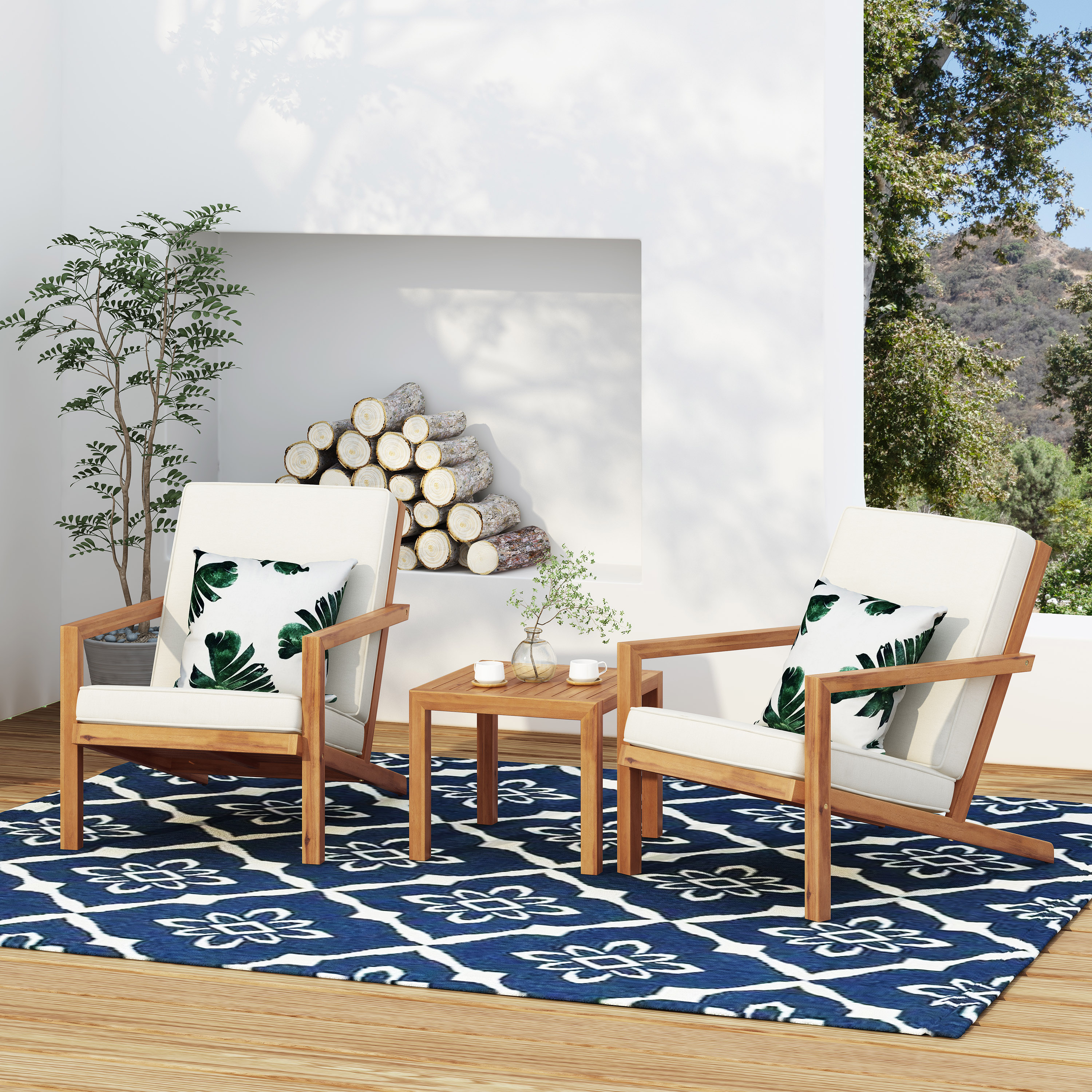 ModernLuxe L-60915.00TEACRM LEAH 3 PC CHAT SET 3 -Piece Patio Conversation Set with Off-white Cushions
