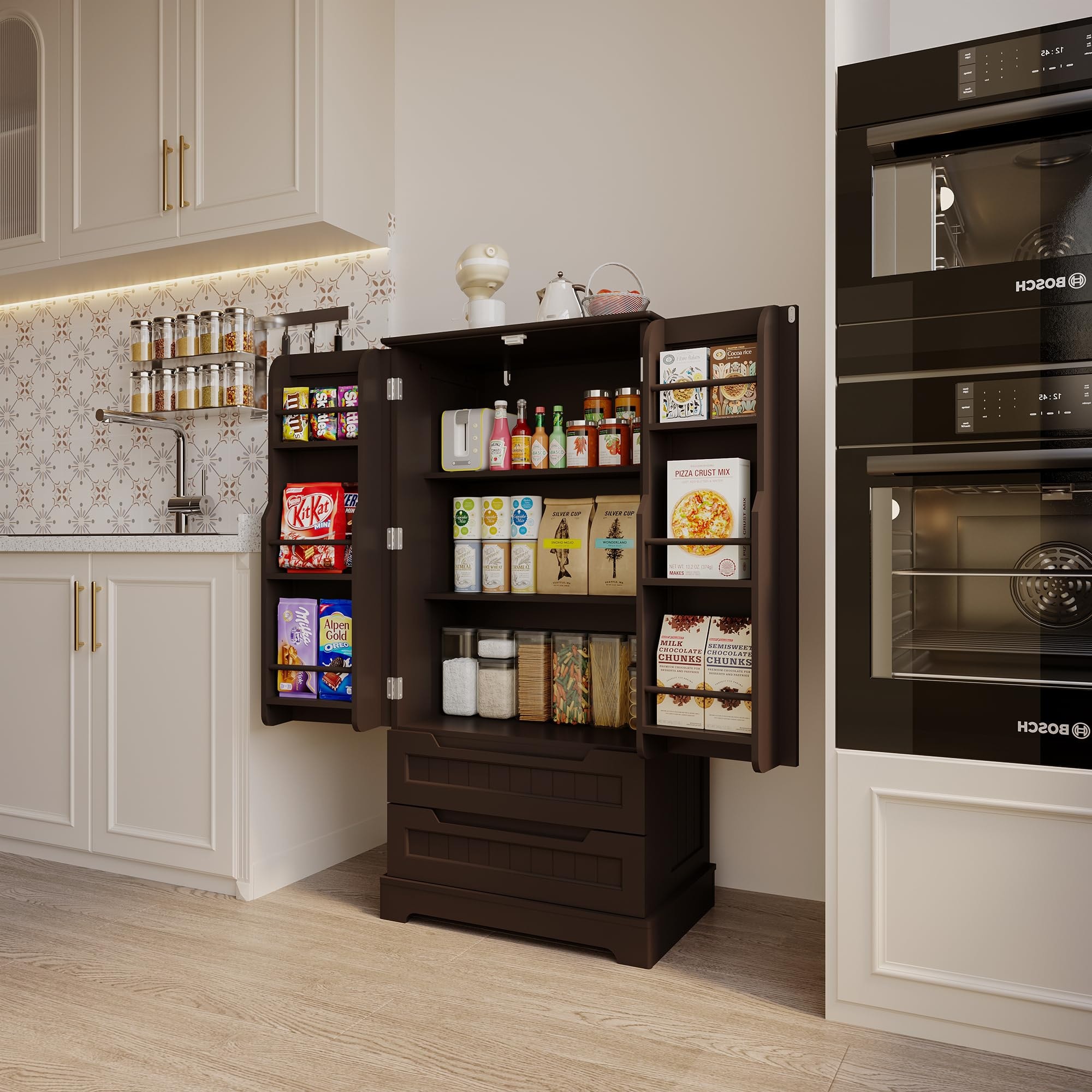 Lofka - 47.2 Inch Tall Kitchen Pantry Cabinet Contemporary/Modern Black Pantry with Drawers Frees...