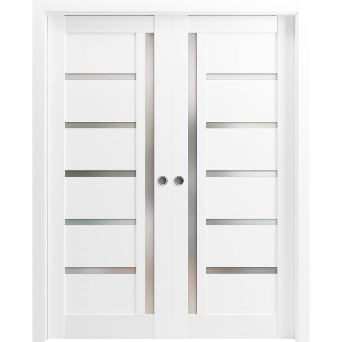 SARTODOORS Sliding French Double Pocket Doors - Quadro 4088 White Silk with Frosted Glass - Kit Trims Rail Hardware - Solid Wood Interior Bedroom Sturdy Doors-48 x 84 (2x 24x84)