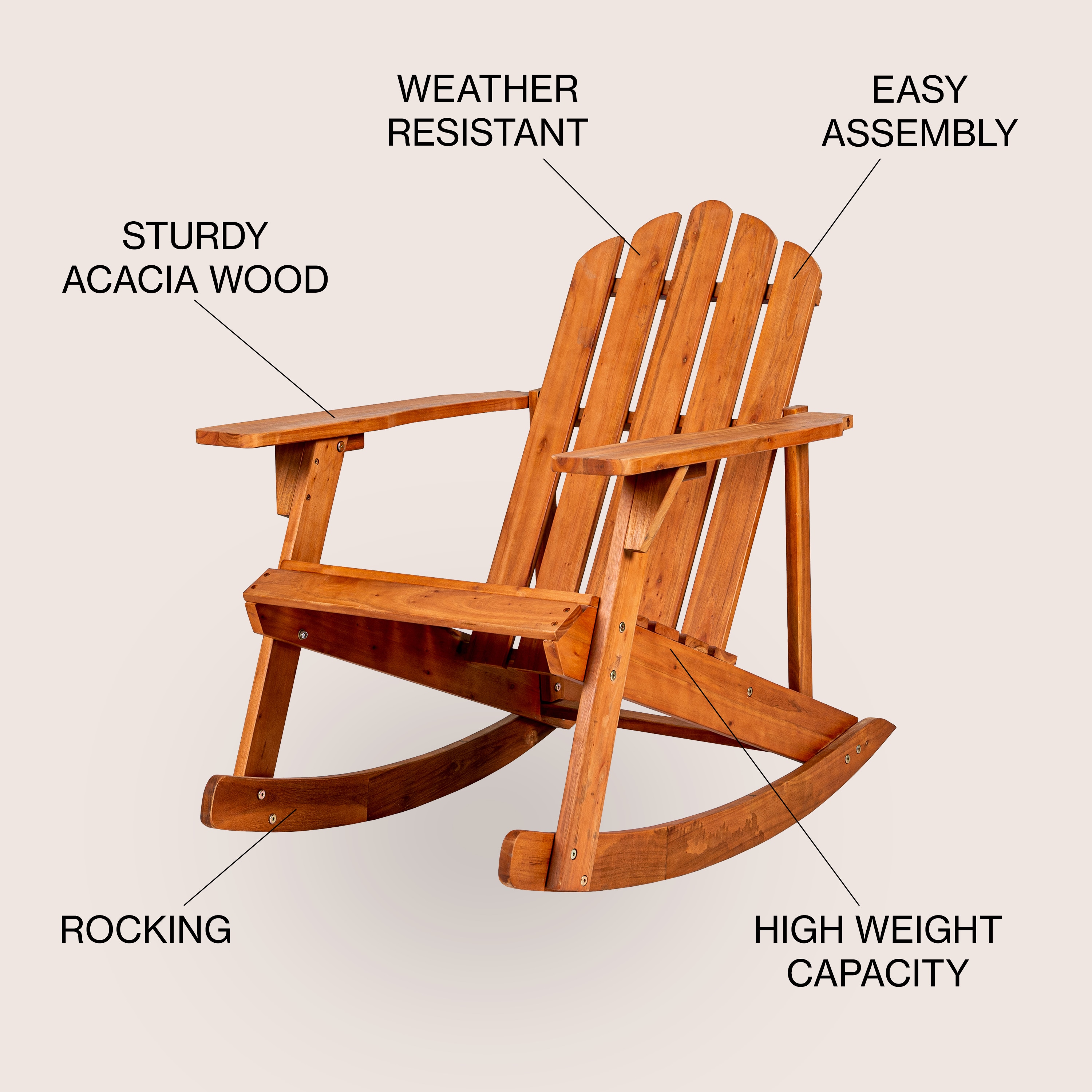 Light Brown Acacia Wood Adirondack Rocking Chair