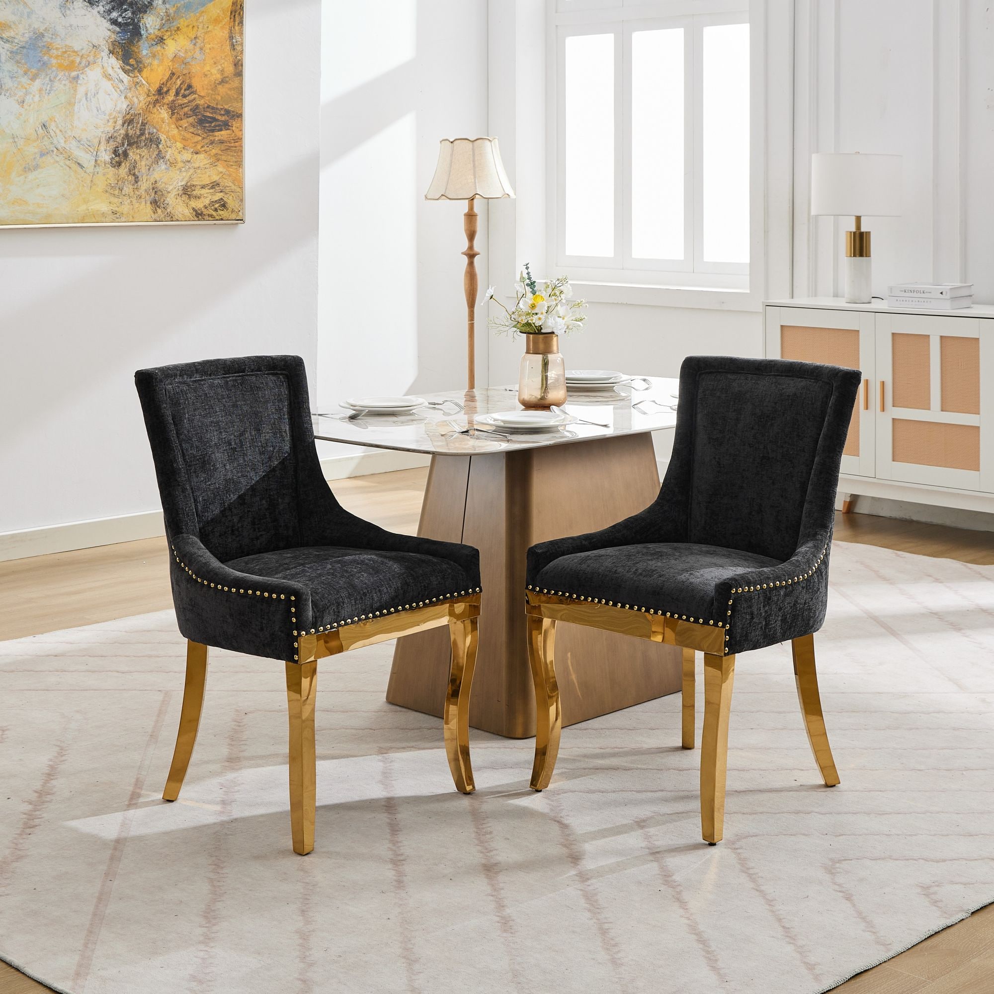 Clihome - 2 Pieces Dining Chair 2 -Pack 21.6-in W Modern 2 Pieces Black Chenille Accent Chair